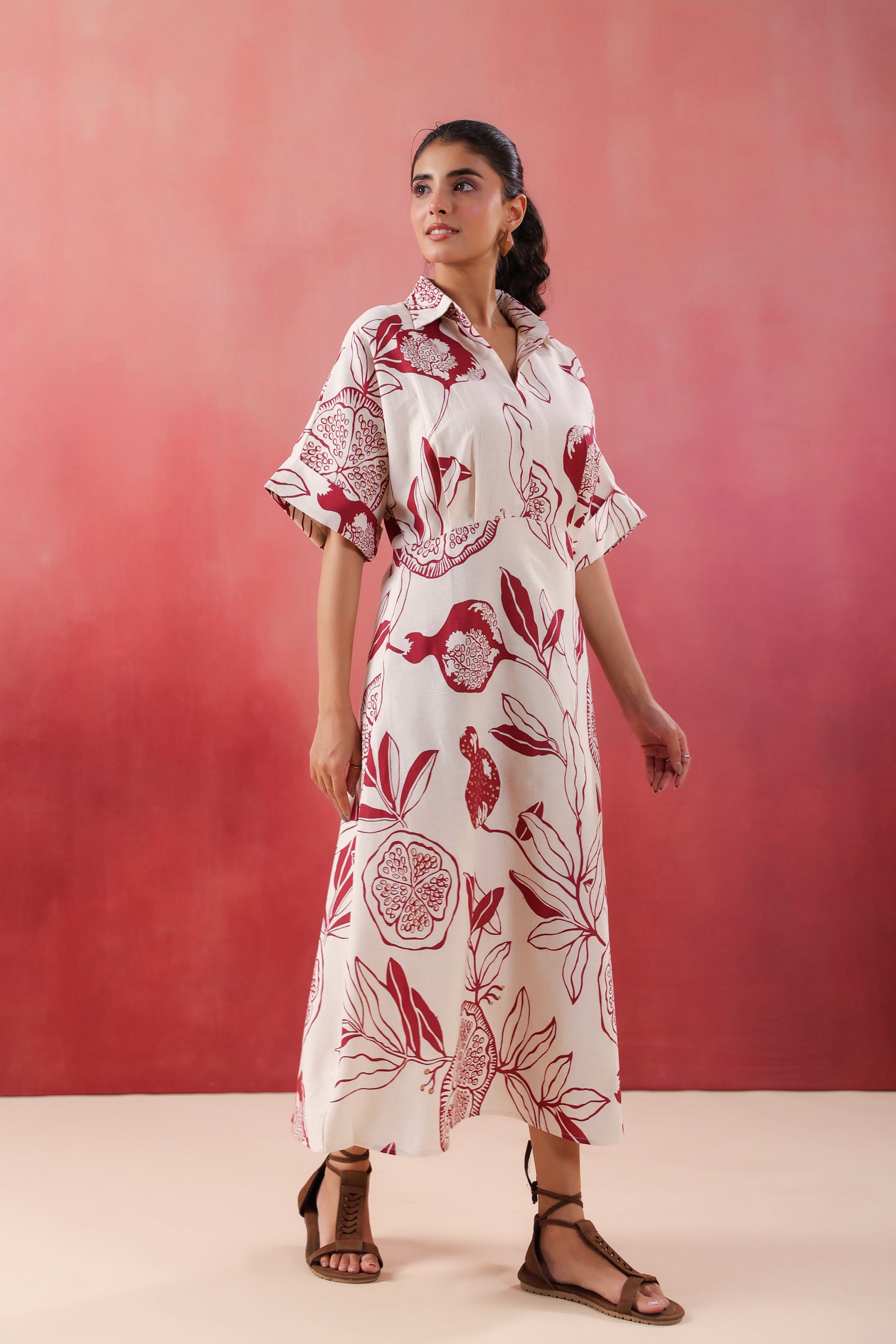 Ivory Pomegranate Printed Maroon Cotton Flex Dress