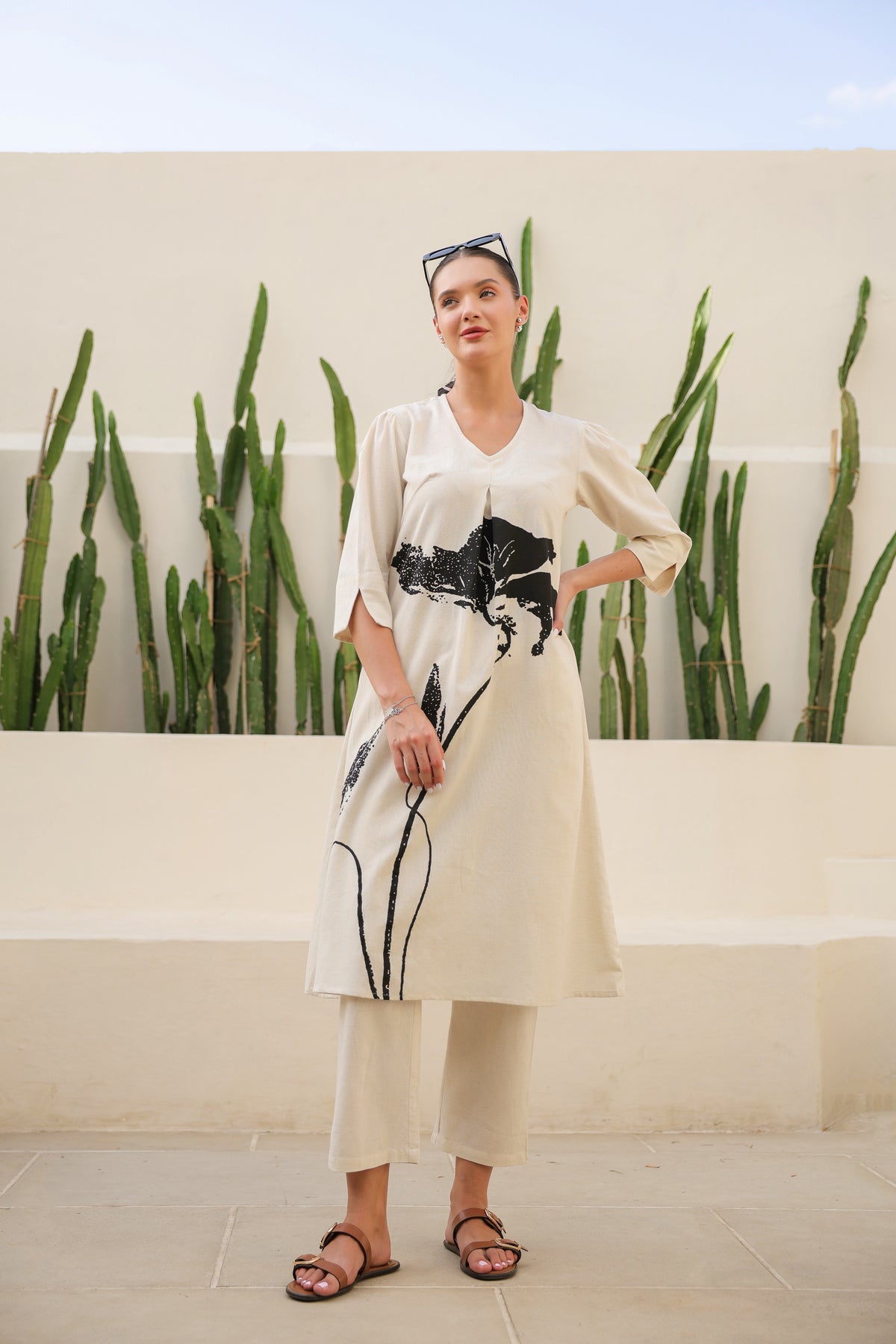 Floral Black & Beige Printed Cotton Flex Long Co-ord Set