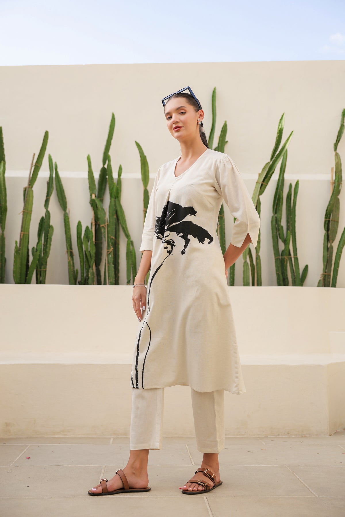 Floral Black & Beige Printed Cotton Flex Long Co-ord Set
