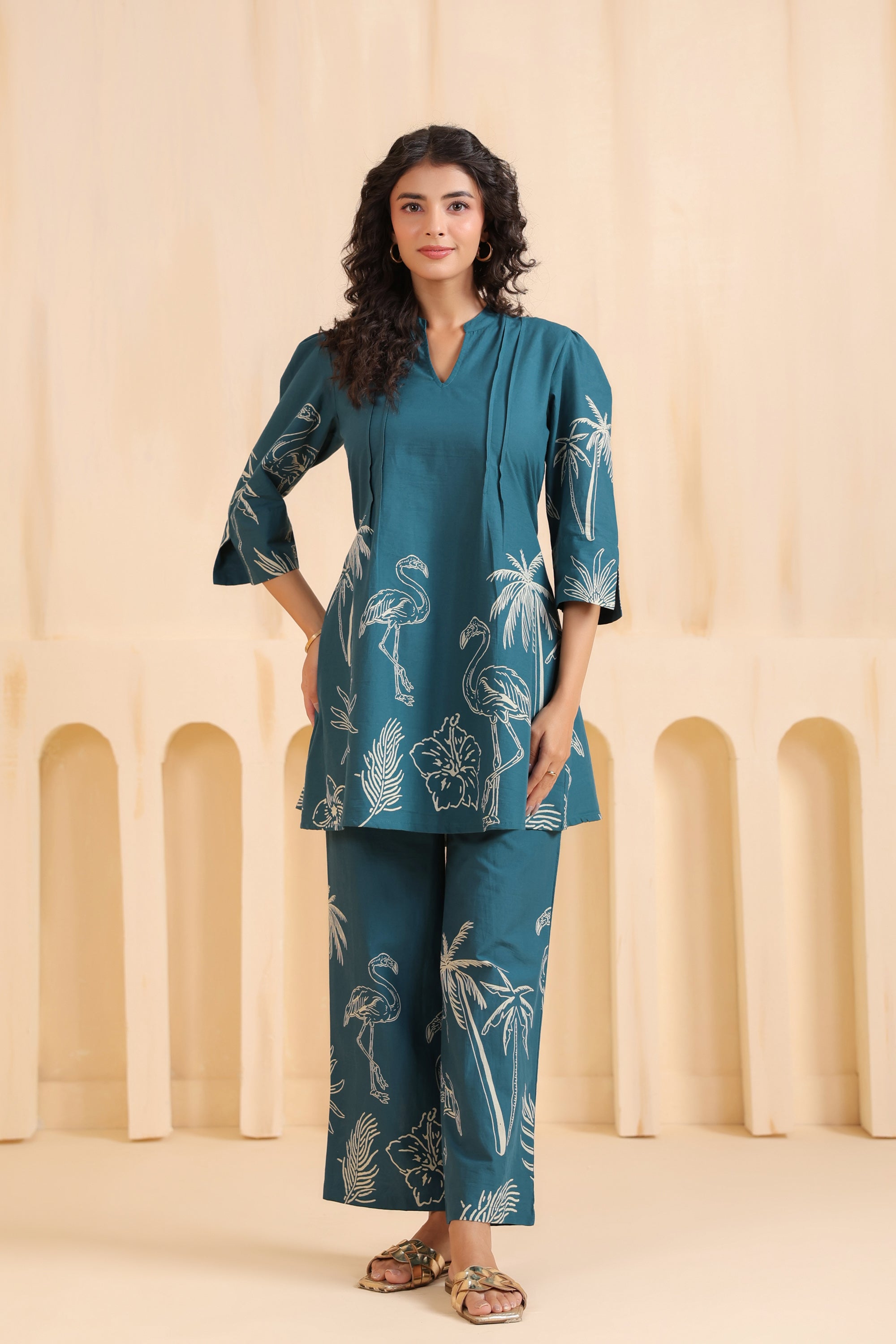 Teal Flamingo Printed Cotton Co-ord Set