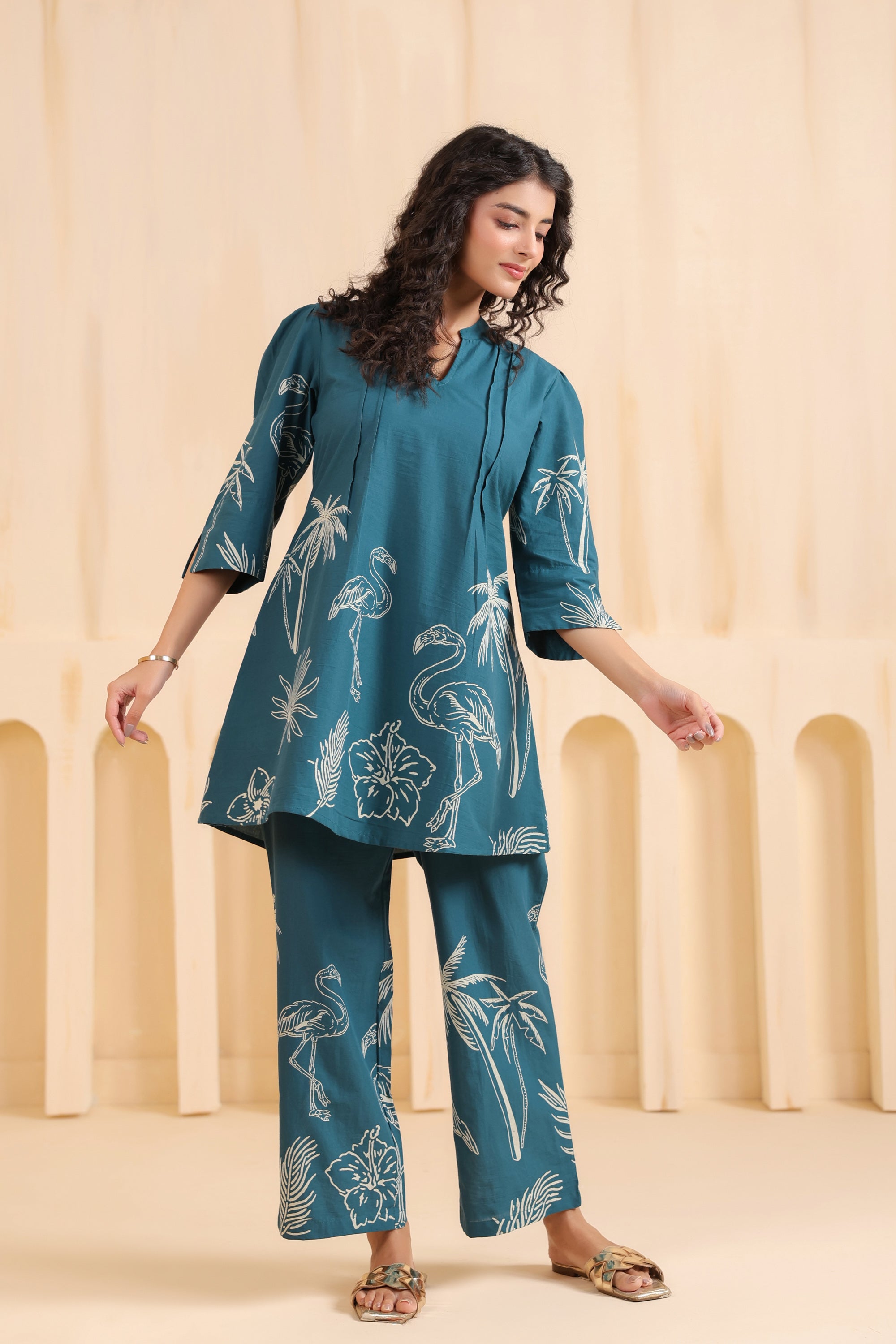 Teal Flamingo Printed Cotton Co-ord Set