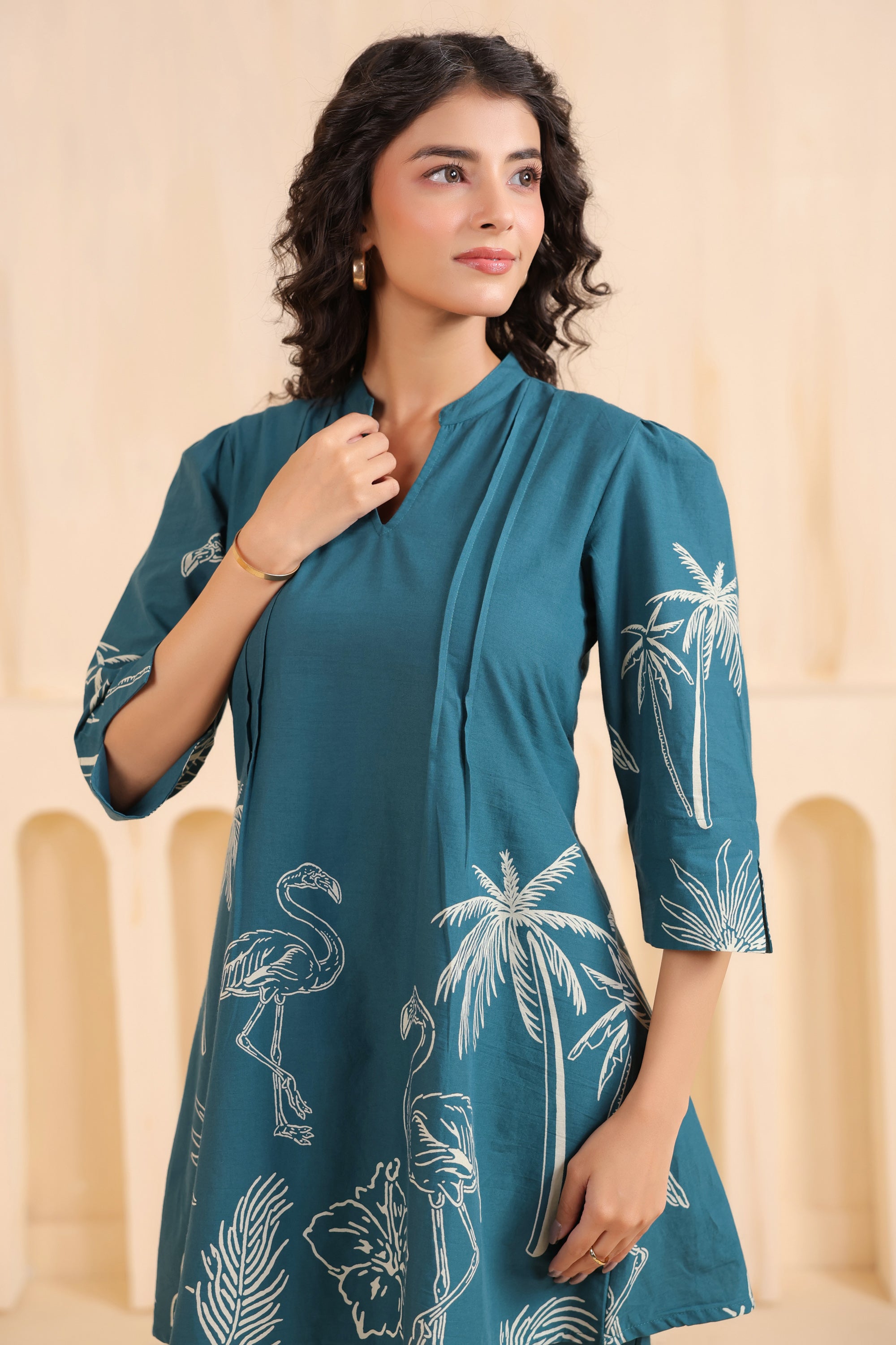 Teal Flamingo Printed Cotton Co-ord Set