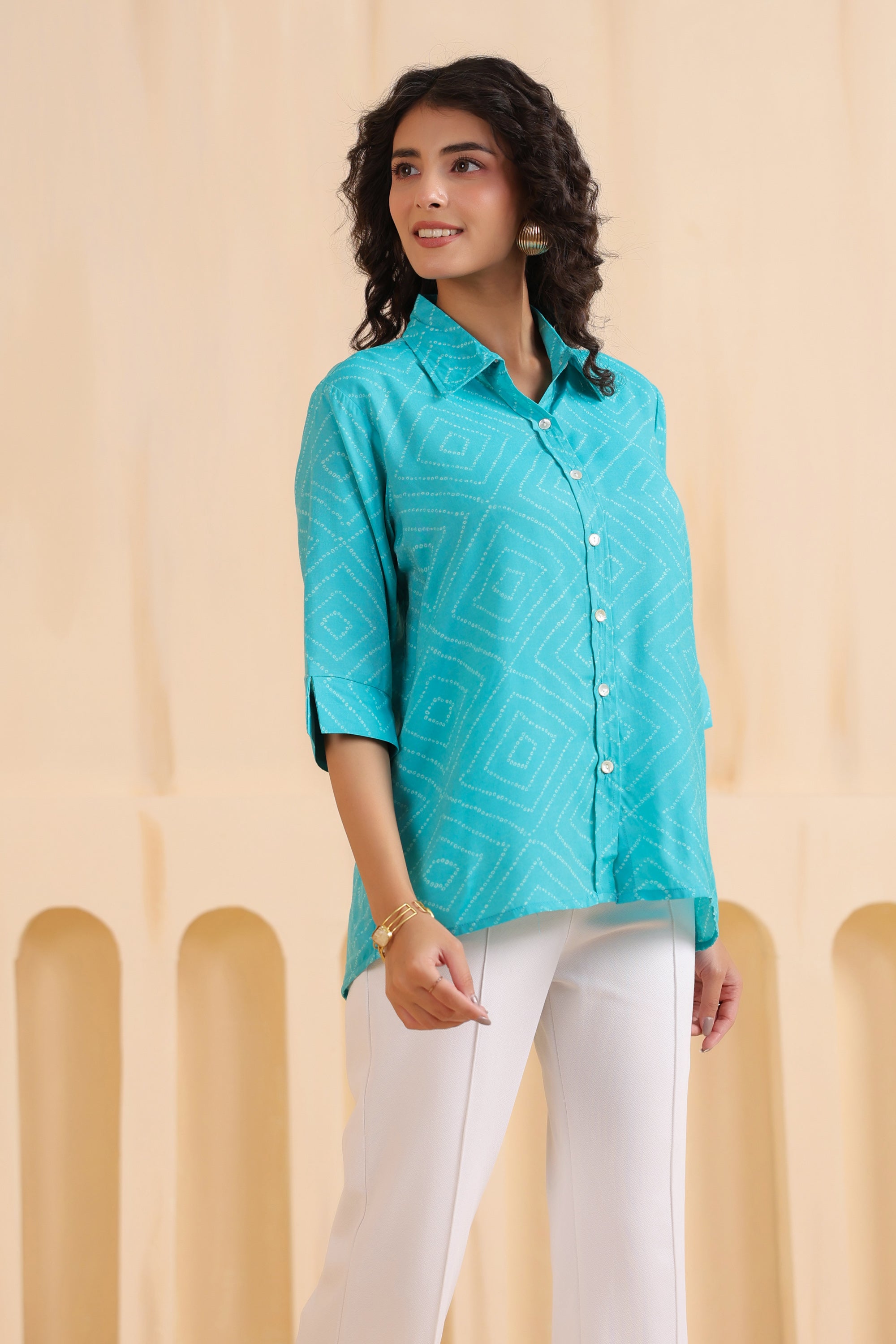 Aqua Geometry Classic Button-Down Muslin Silk Shirt