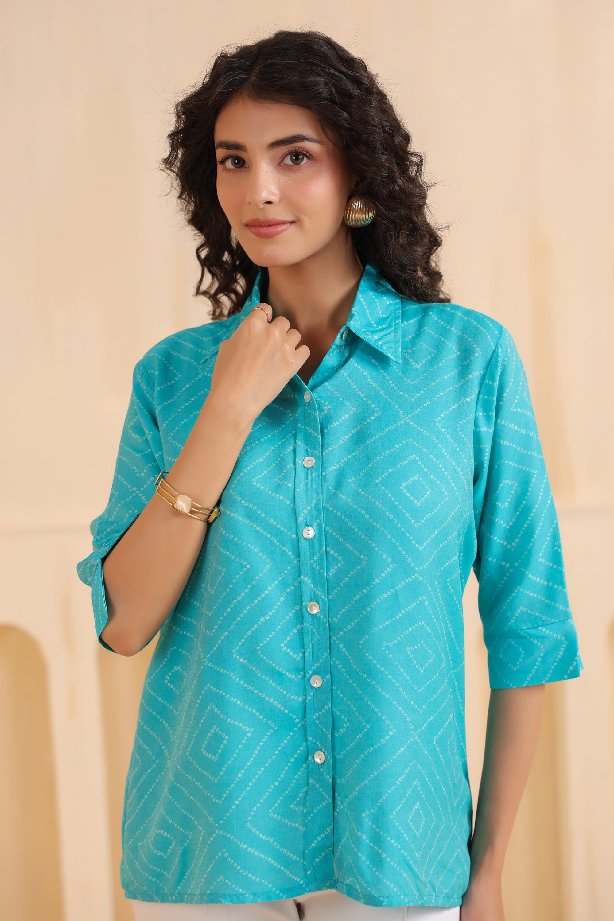 Aqua Geometry Classic Button-Down Muslin Silk Shirt