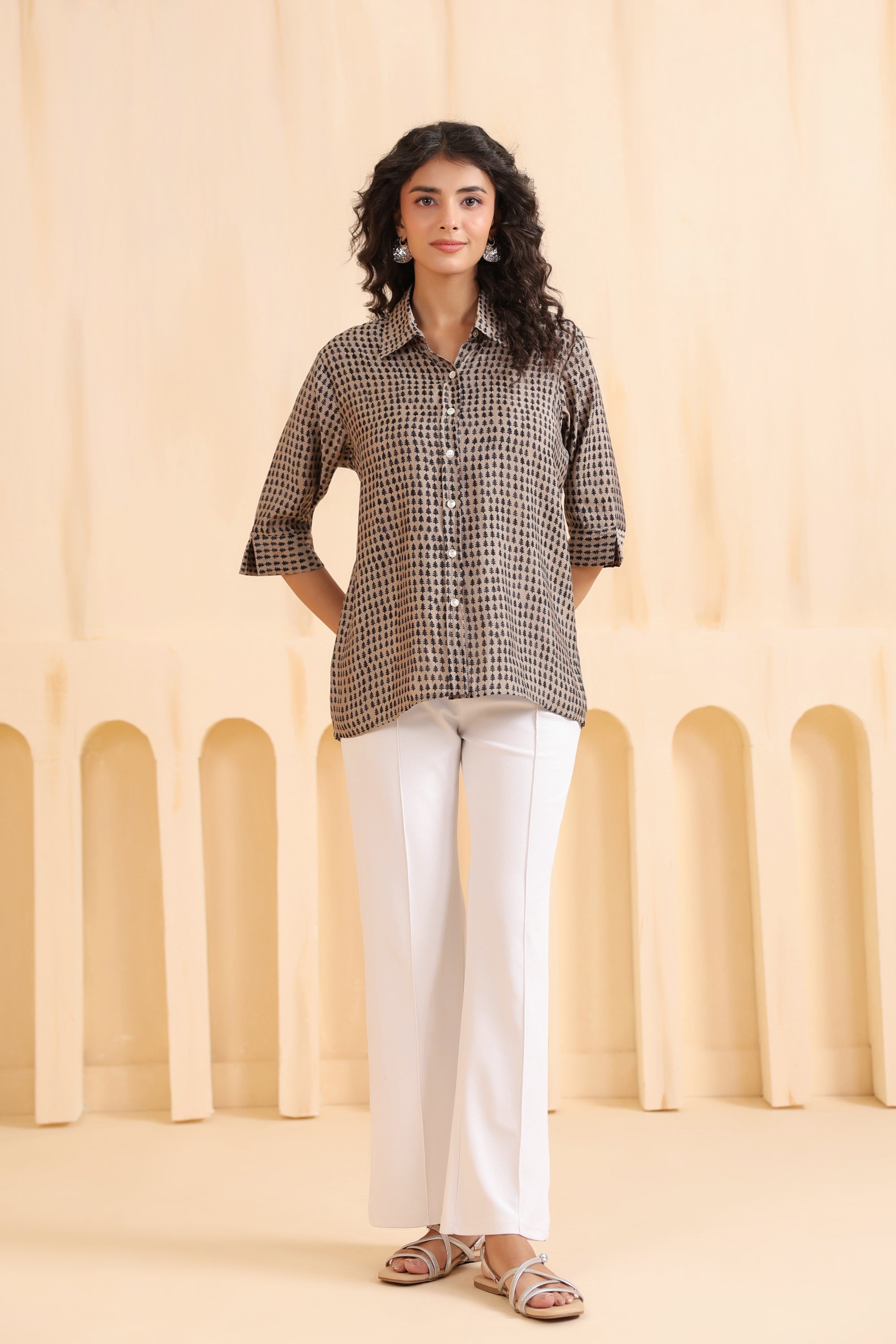 Mocha Mini Motif Everyday Muslin Silk Shirt
