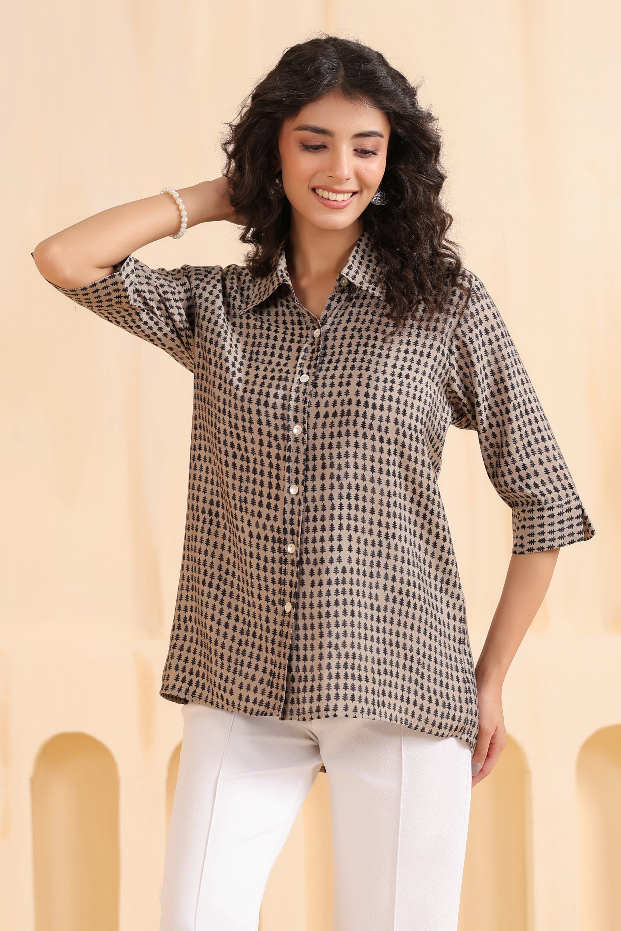 Mocha Mini Motif Everyday Muslin Silk Shirt
