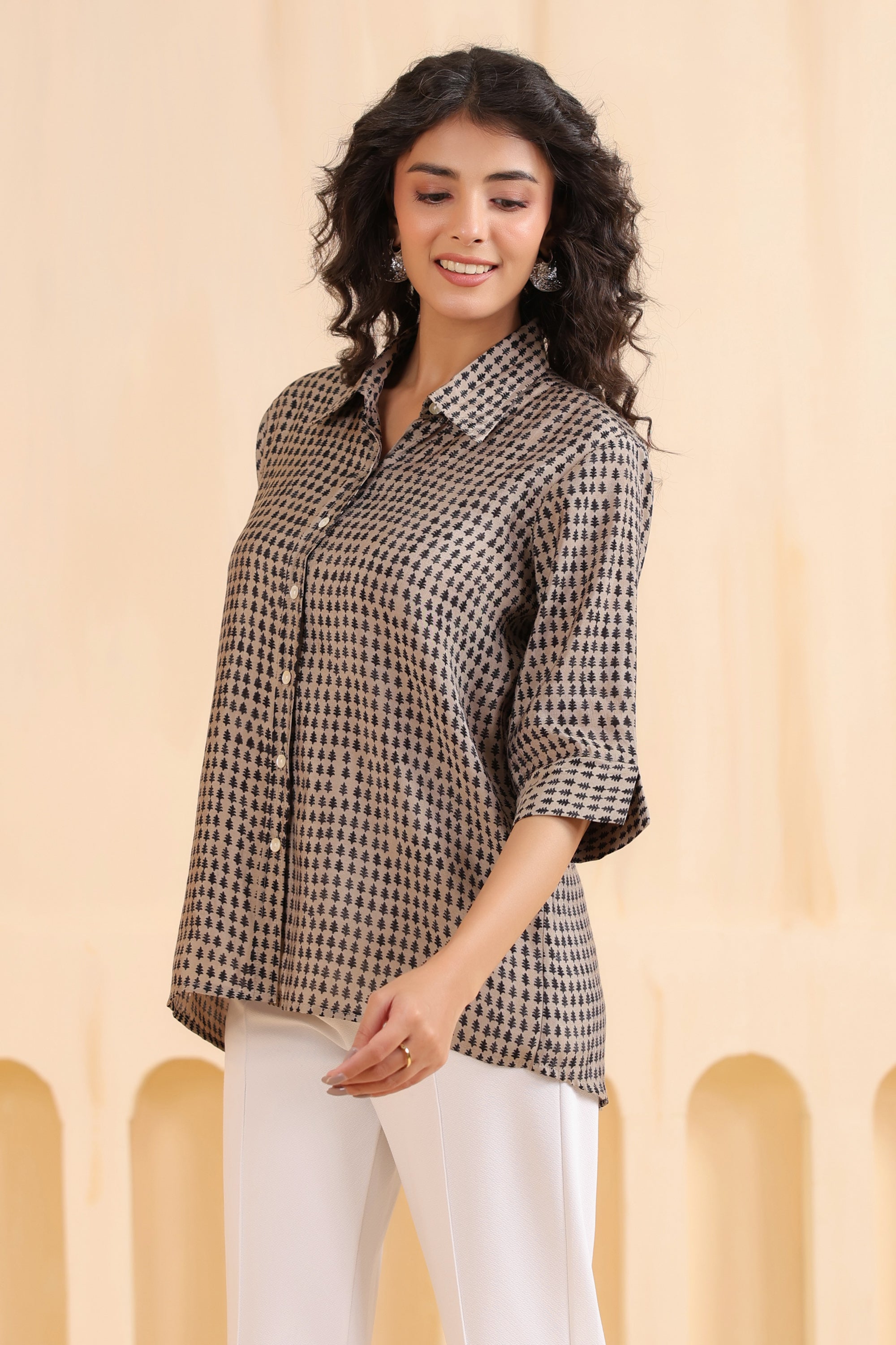 Mocha Mini Motif Everyday Muslin Silk Shirt