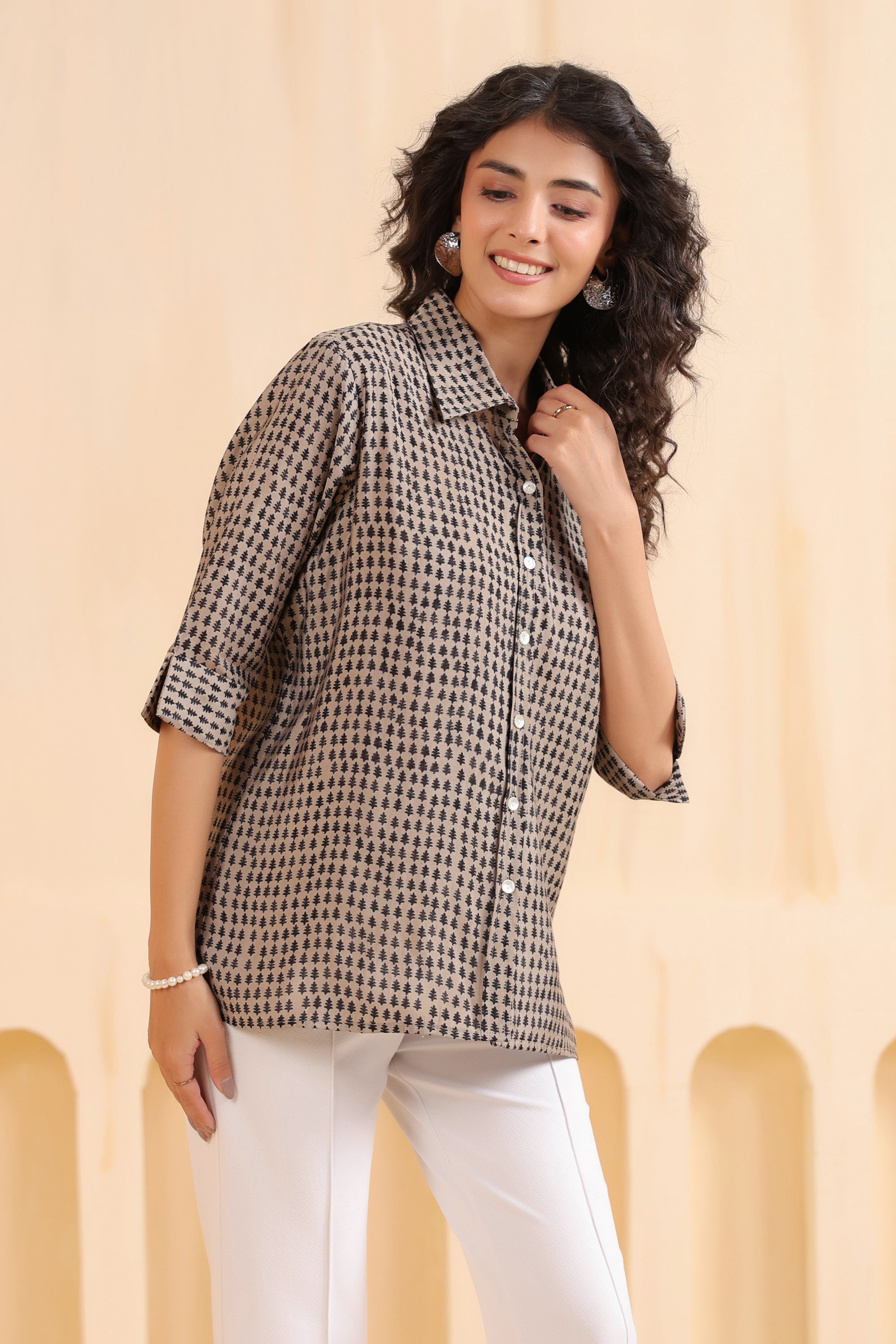 Mocha Mini Motif Everyday Muslin Silk Shirt