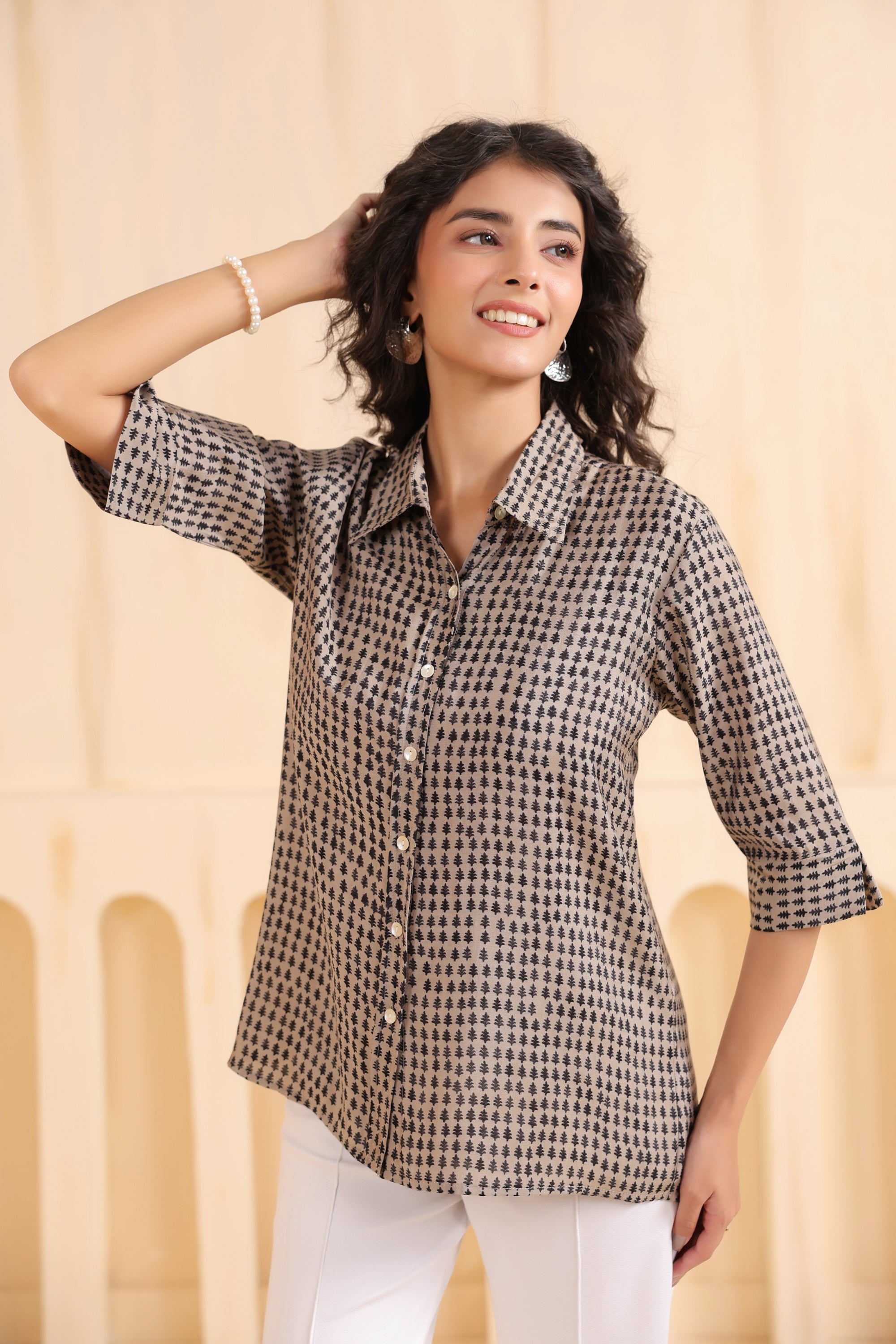 Mocha Mini Motif Everyday Muslin Silk Shirt