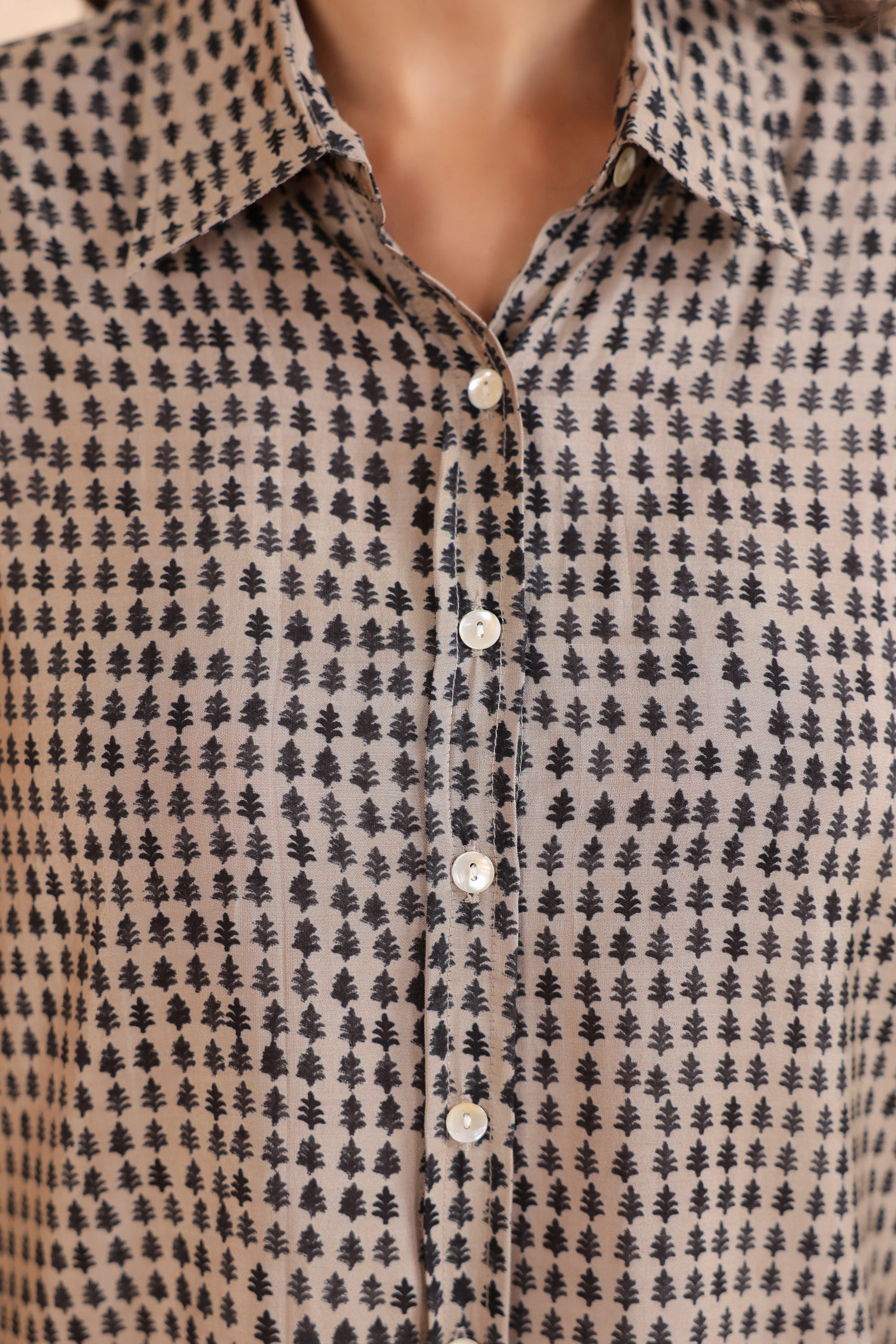 Mocha Mini Motif Everyday Muslin Silk Shirt