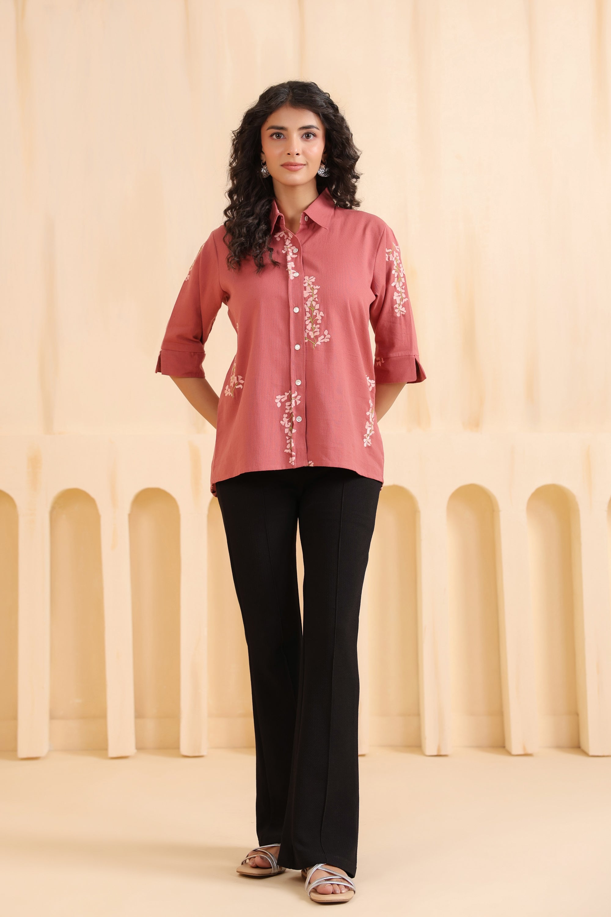 Rosewood Blossom Embroidered Cotton Flex Shirt