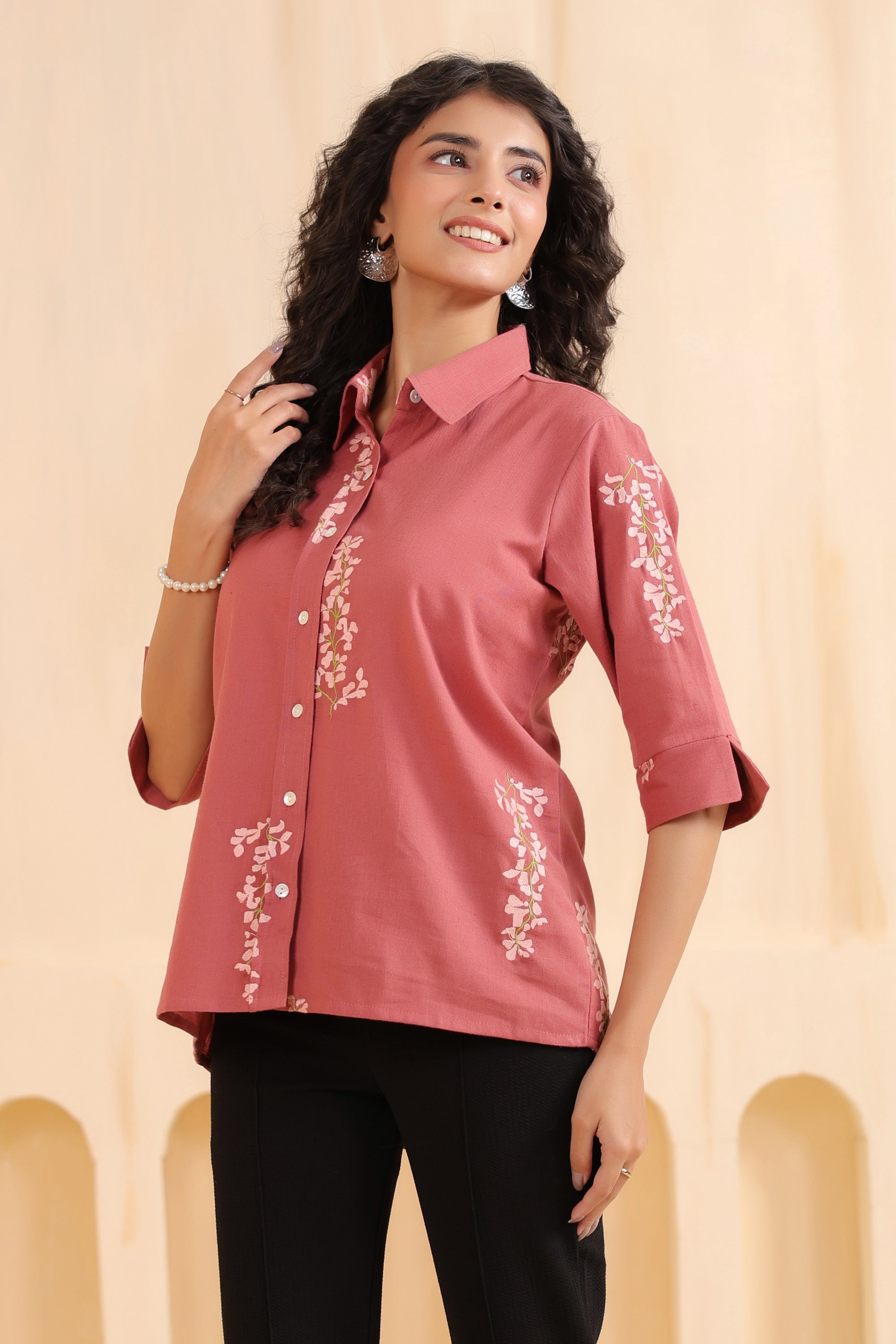 Rosewood Blossom Embroidered Cotton Flex Shirt