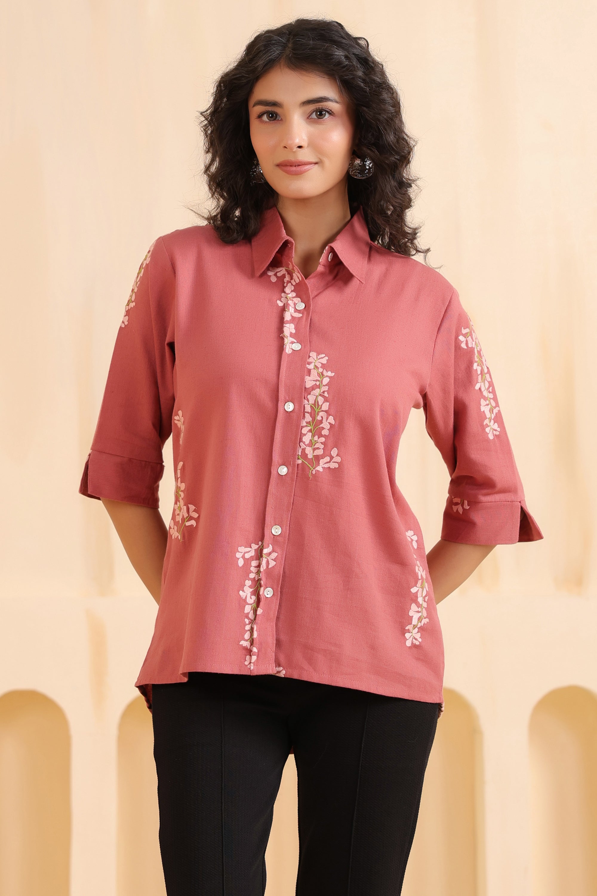 Rosewood Blossom Embroidered Cotton Flex Shirt