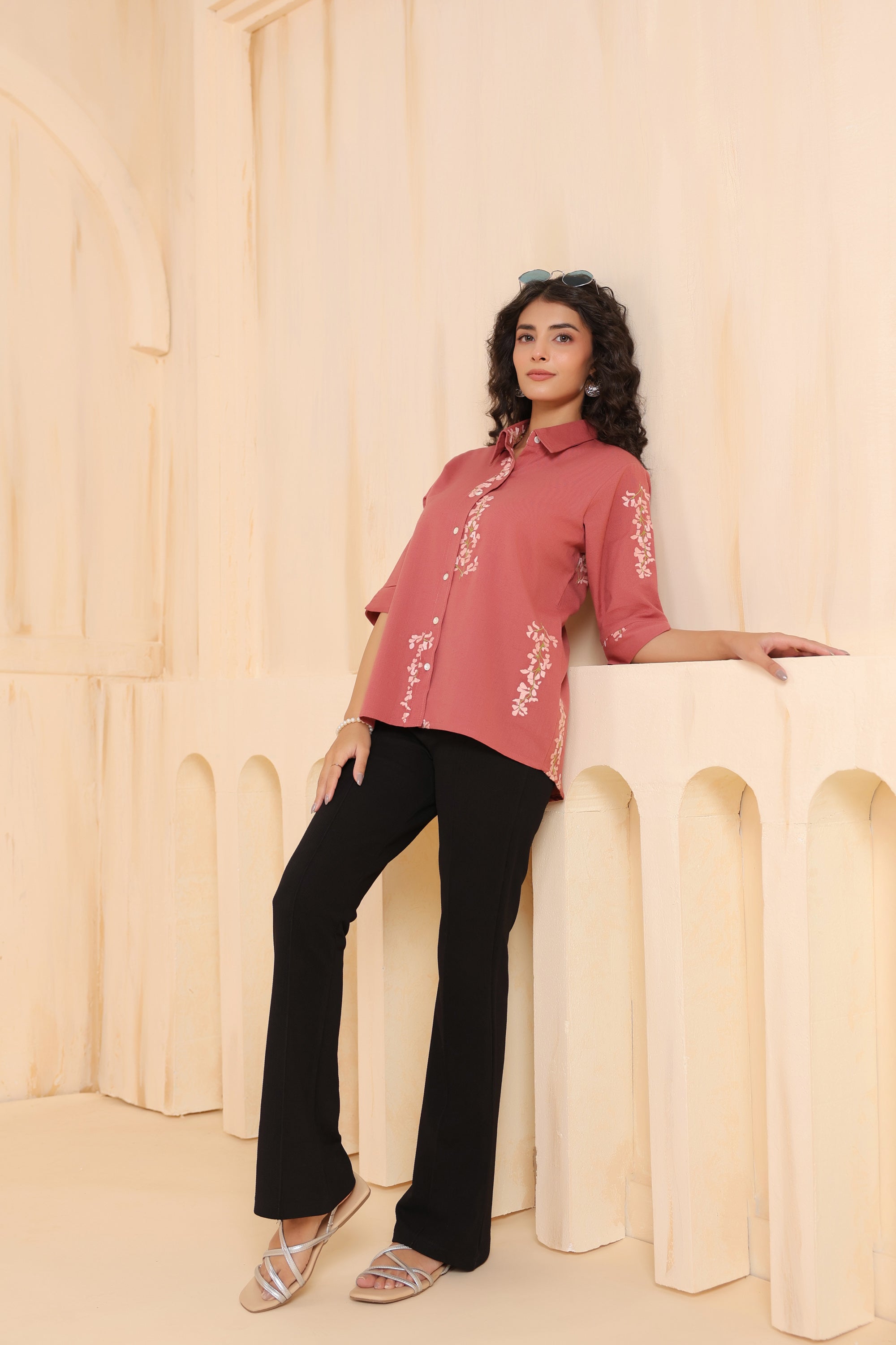 Rosewood Blossom Embroidered Cotton Flex Shirt