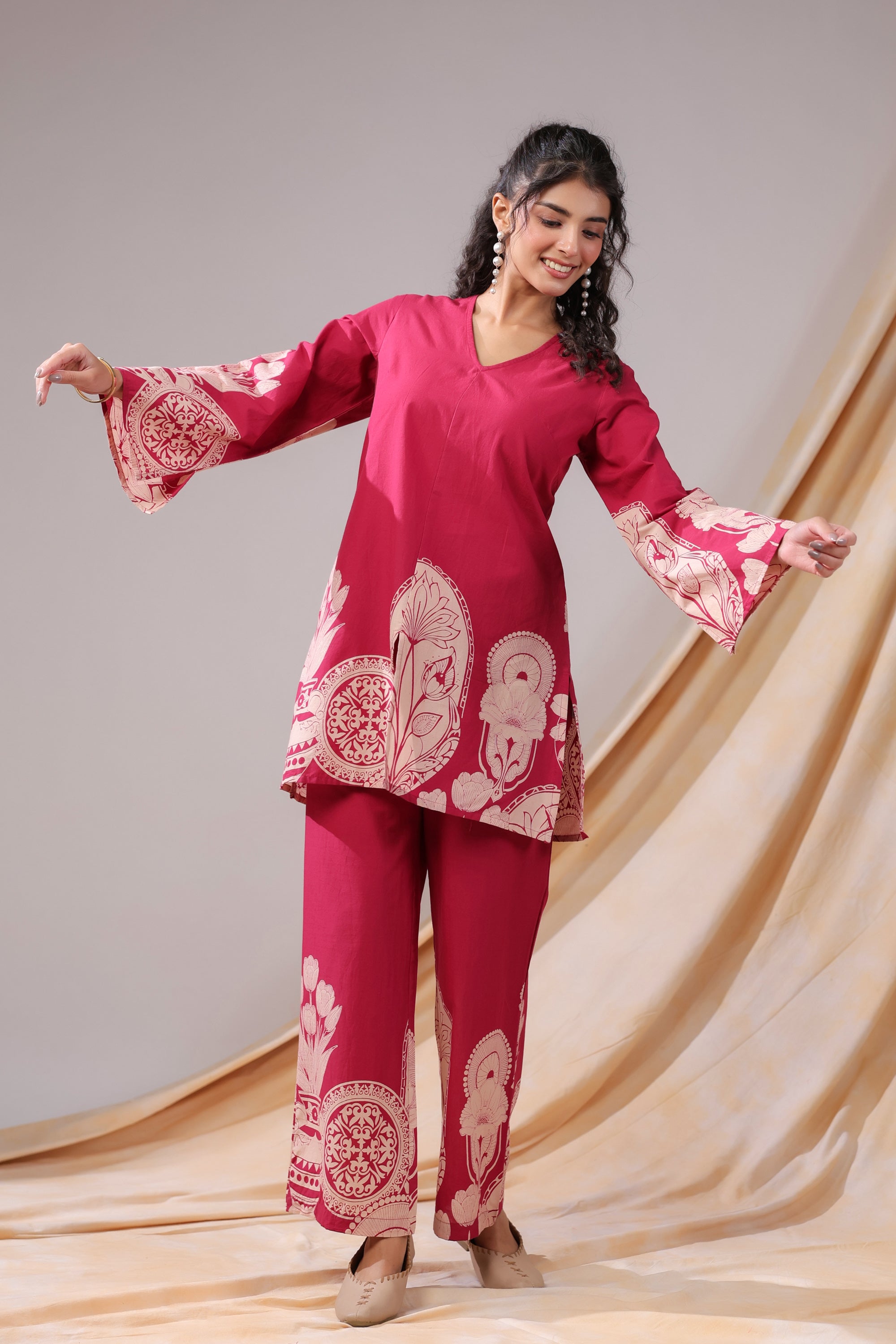 Pink Floral & Geometric Motifs Printed Cotton Co-ord Set