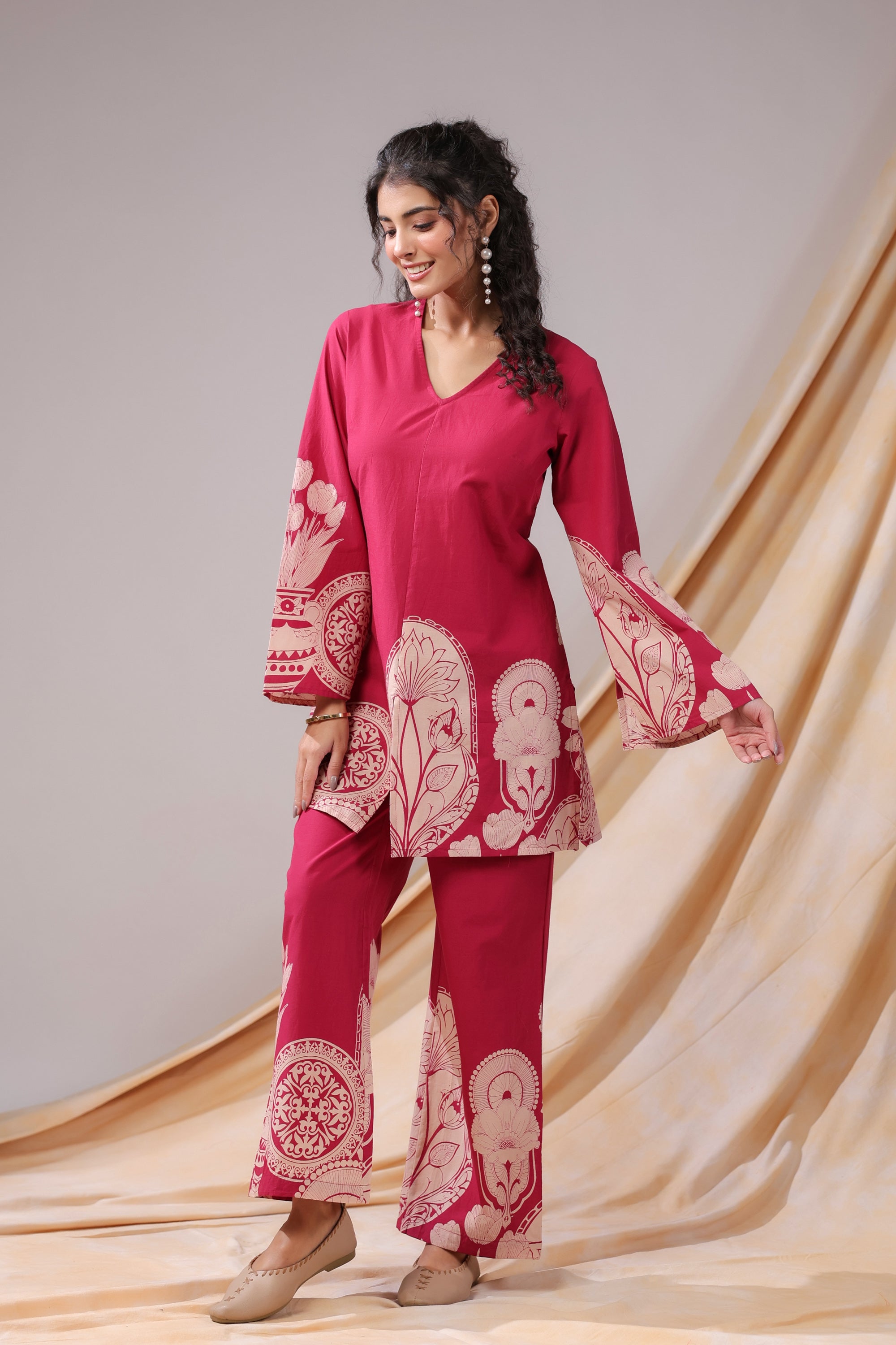 Pink Floral & Geometric Motifs Printed Cotton Co-ord Set