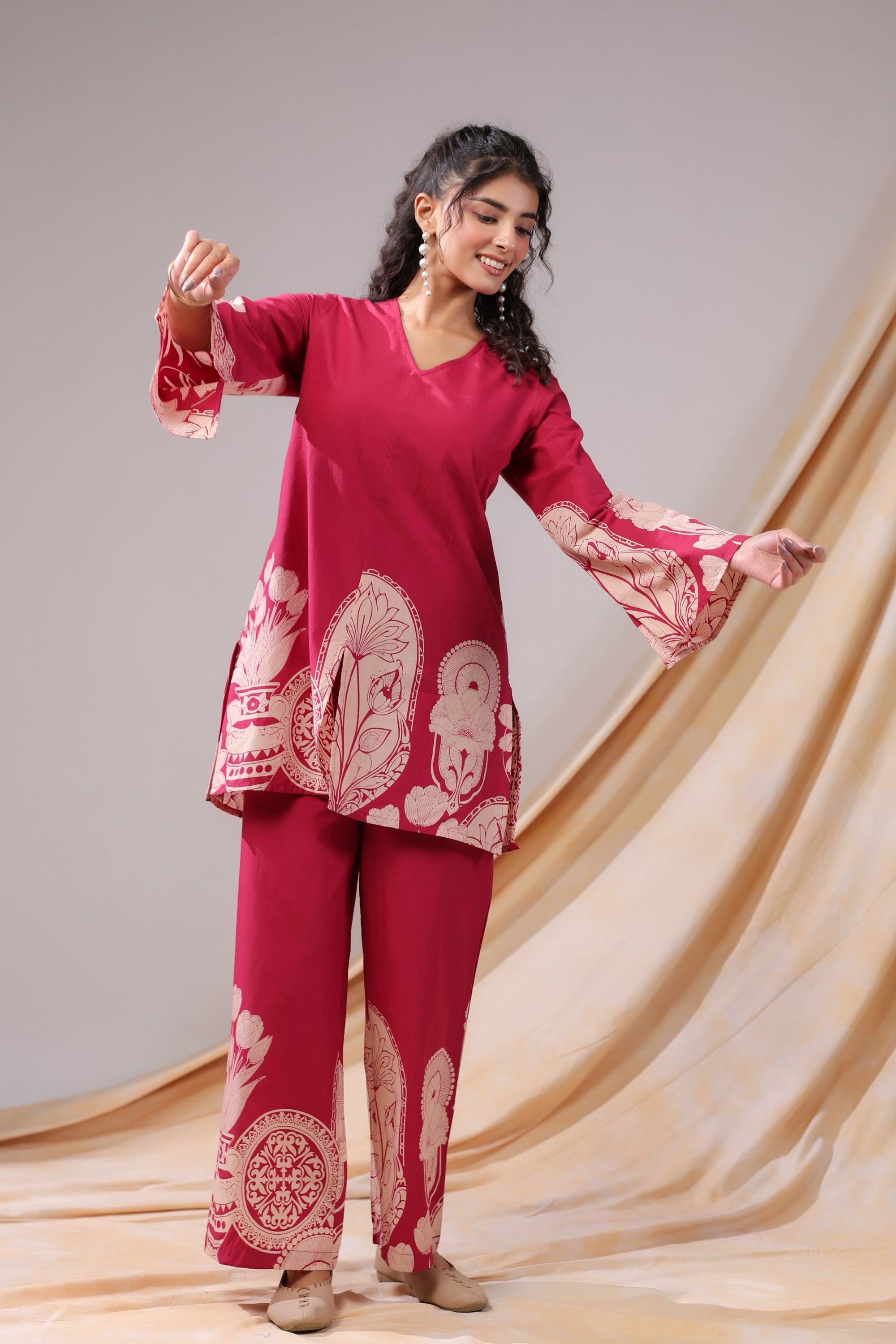 Pink Floral & Geometric Motifs Printed Cotton Co-ord Set