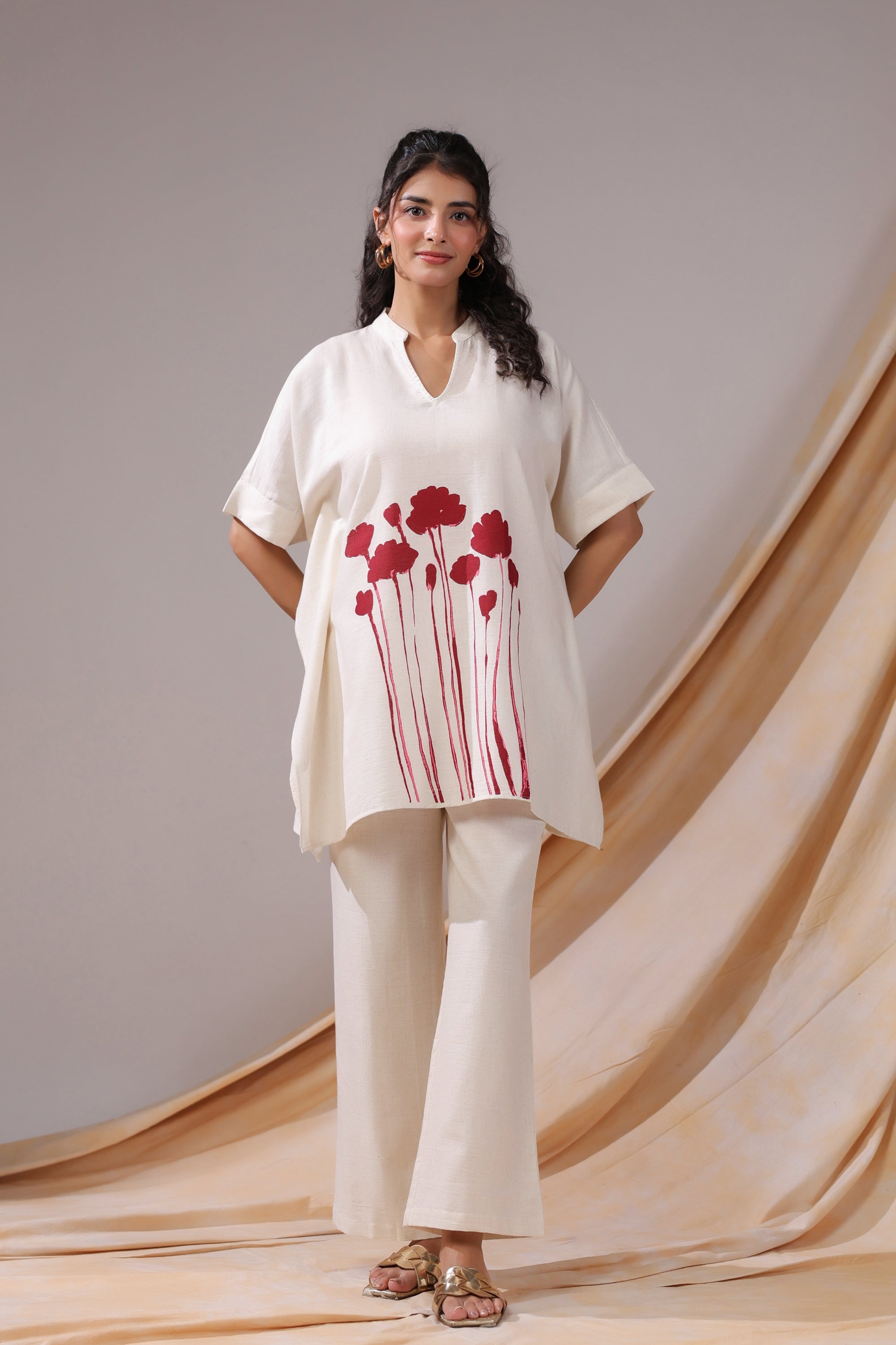 Off-White And Red Floral Print Tunic Cotton Flex Co-ord Set