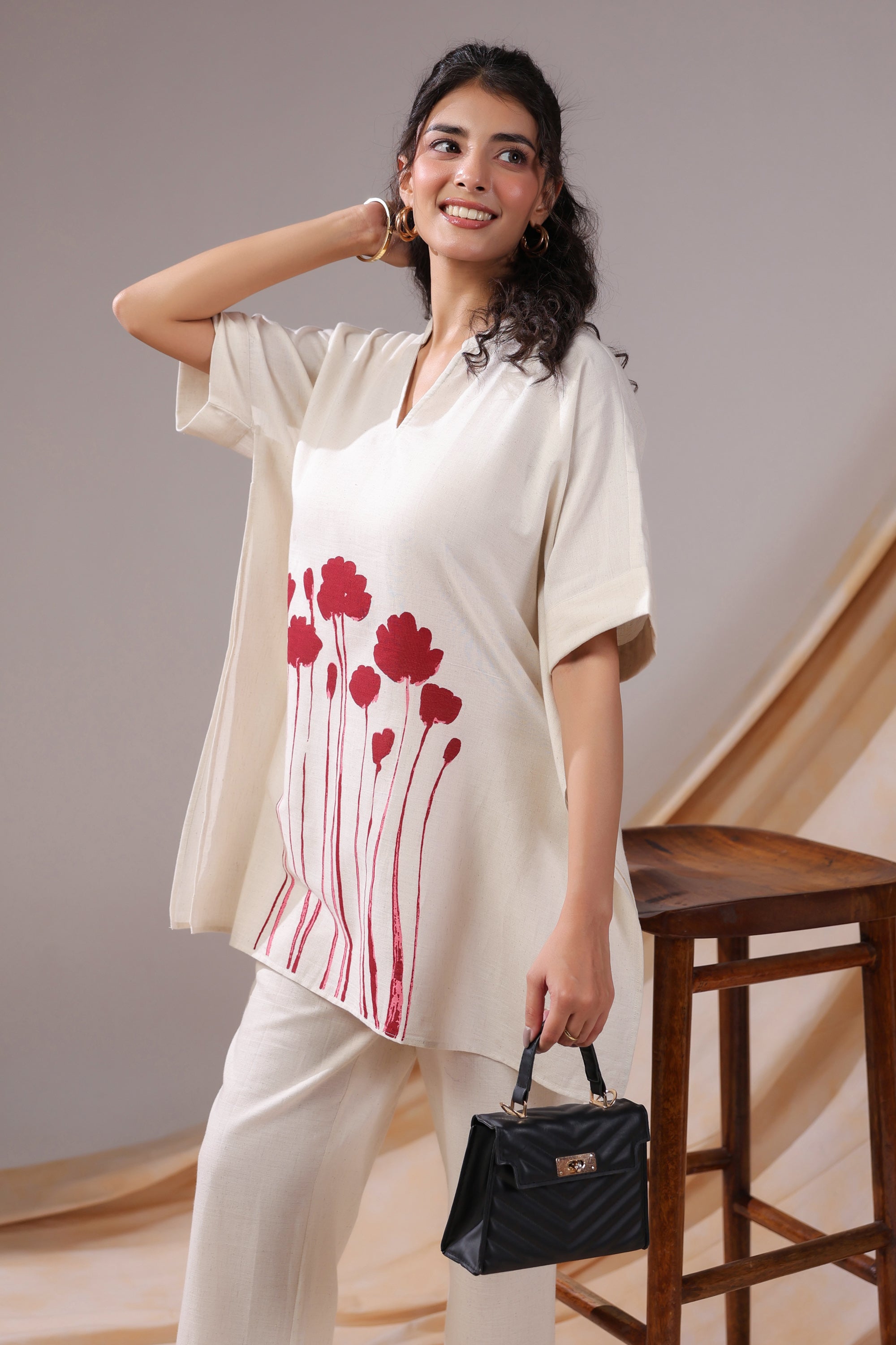 Off-White And Red Floral Print Tunic Cotton Flex Co-ord Set