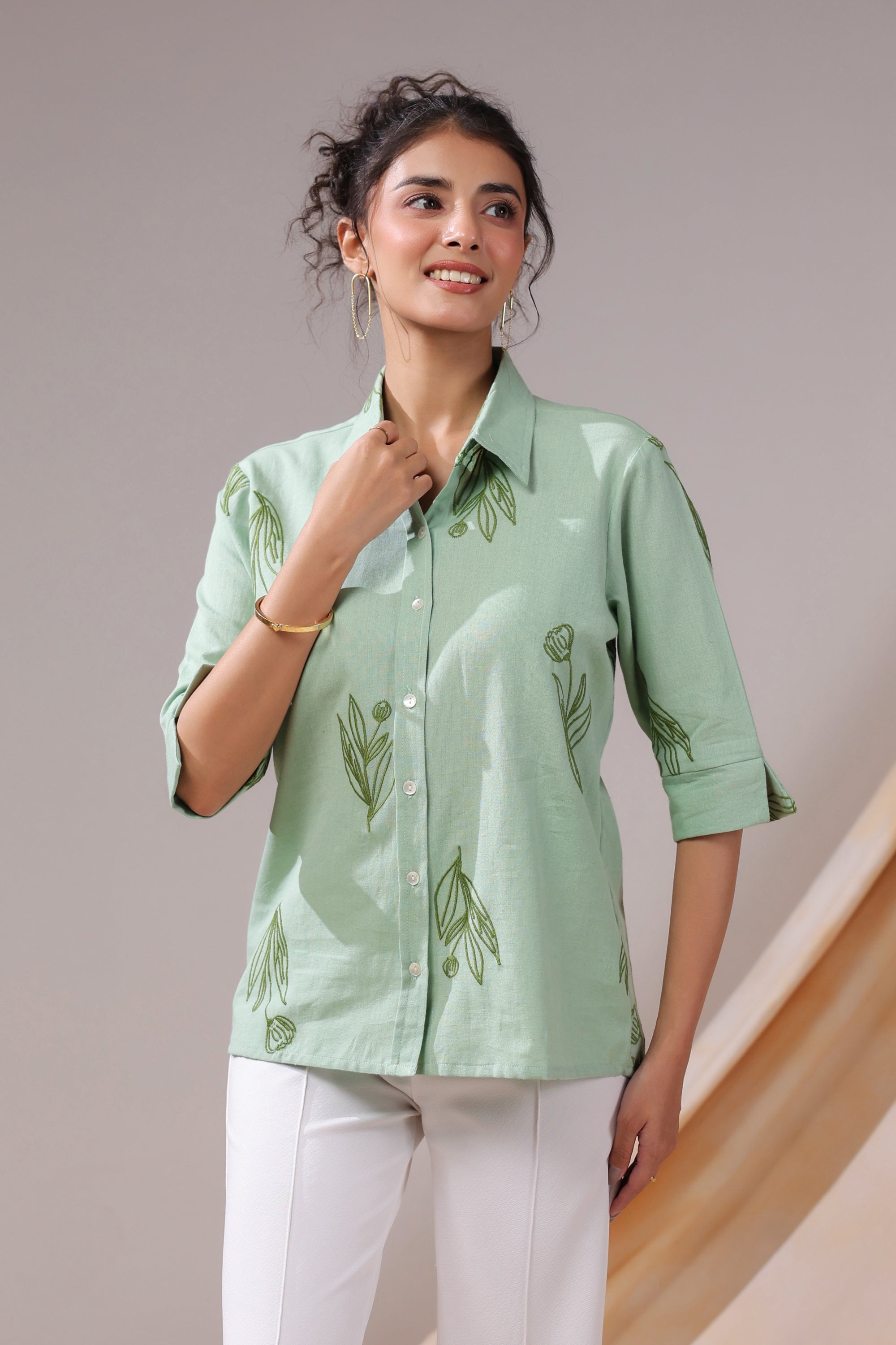 Sage Leafy Serenity Cotton Flex Shirt