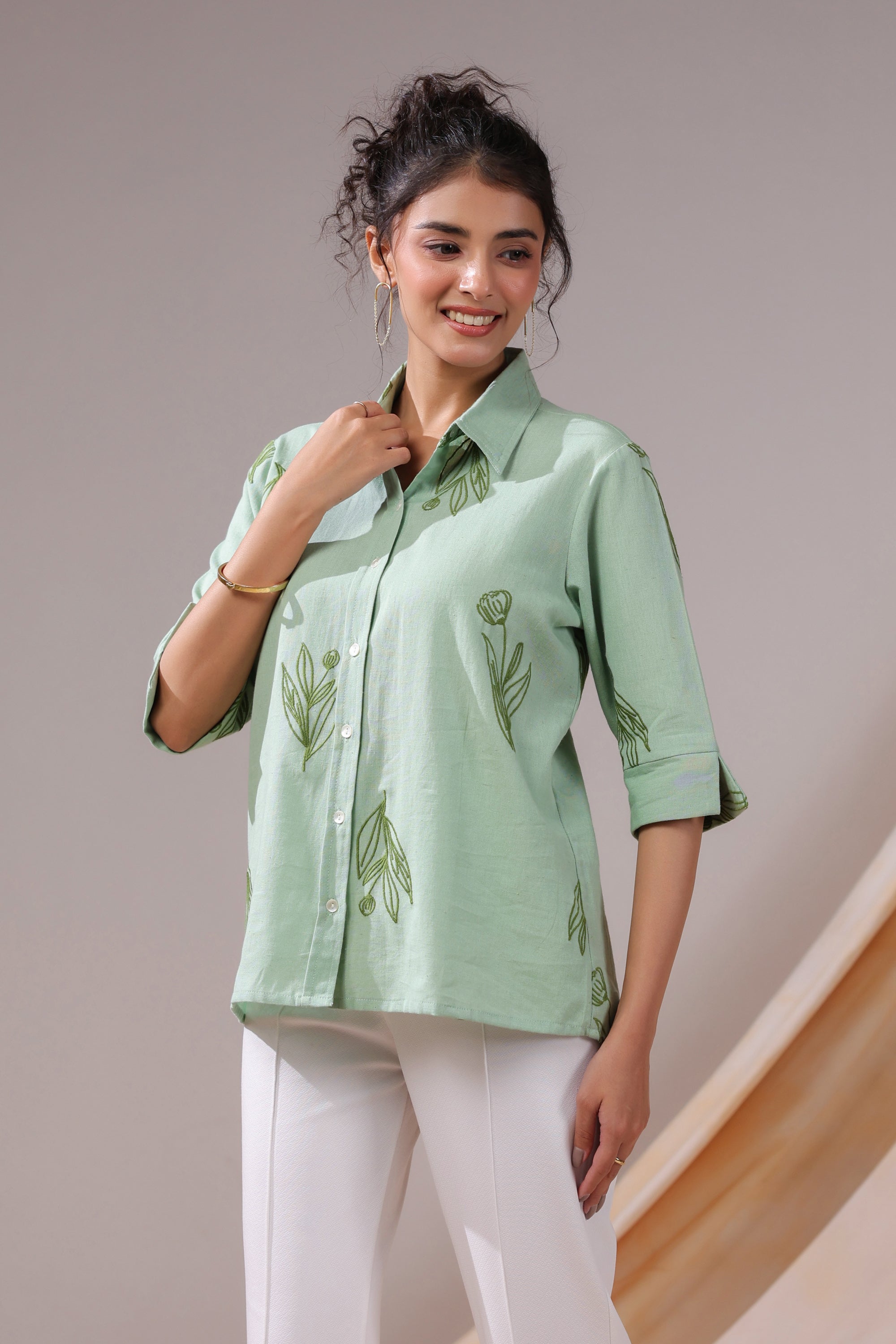 Sage Leafy Serenity Cotton Flex Shirt