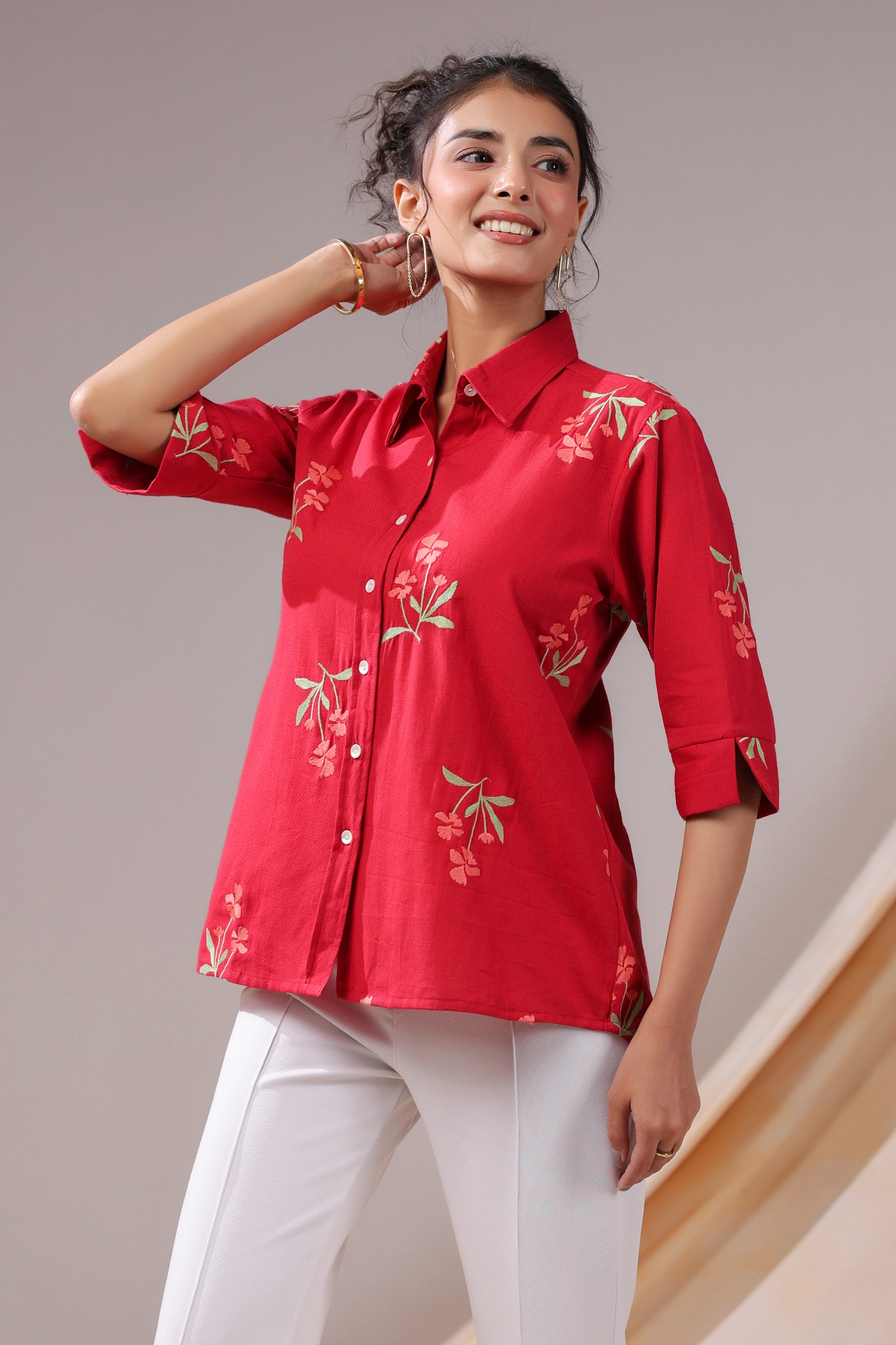 Crimson Petal Embroidered Cotton Flex Shirt