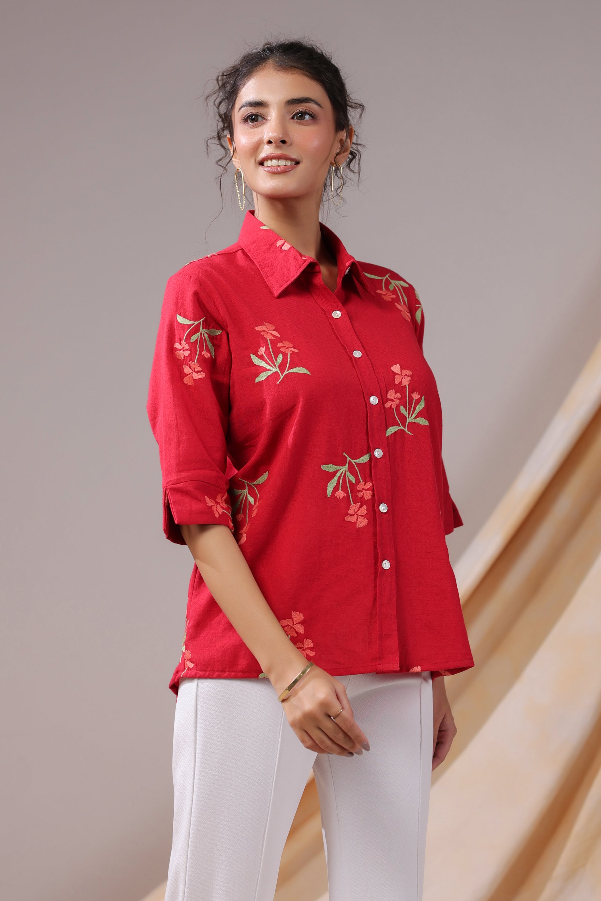 Crimson Petal Embroidered Cotton Flex Shirt