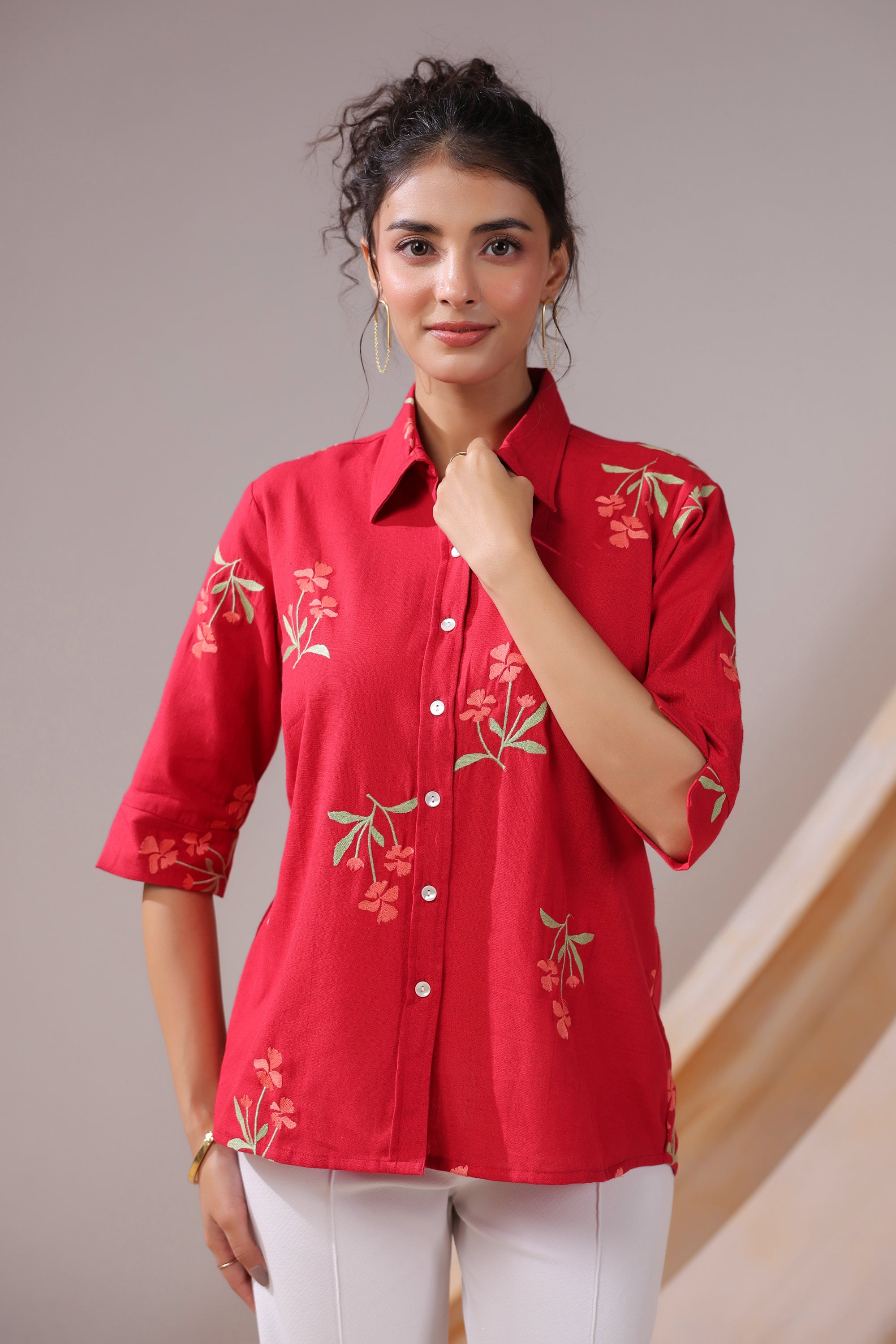Crimson Petal Embroidered Cotton Flex Shirt