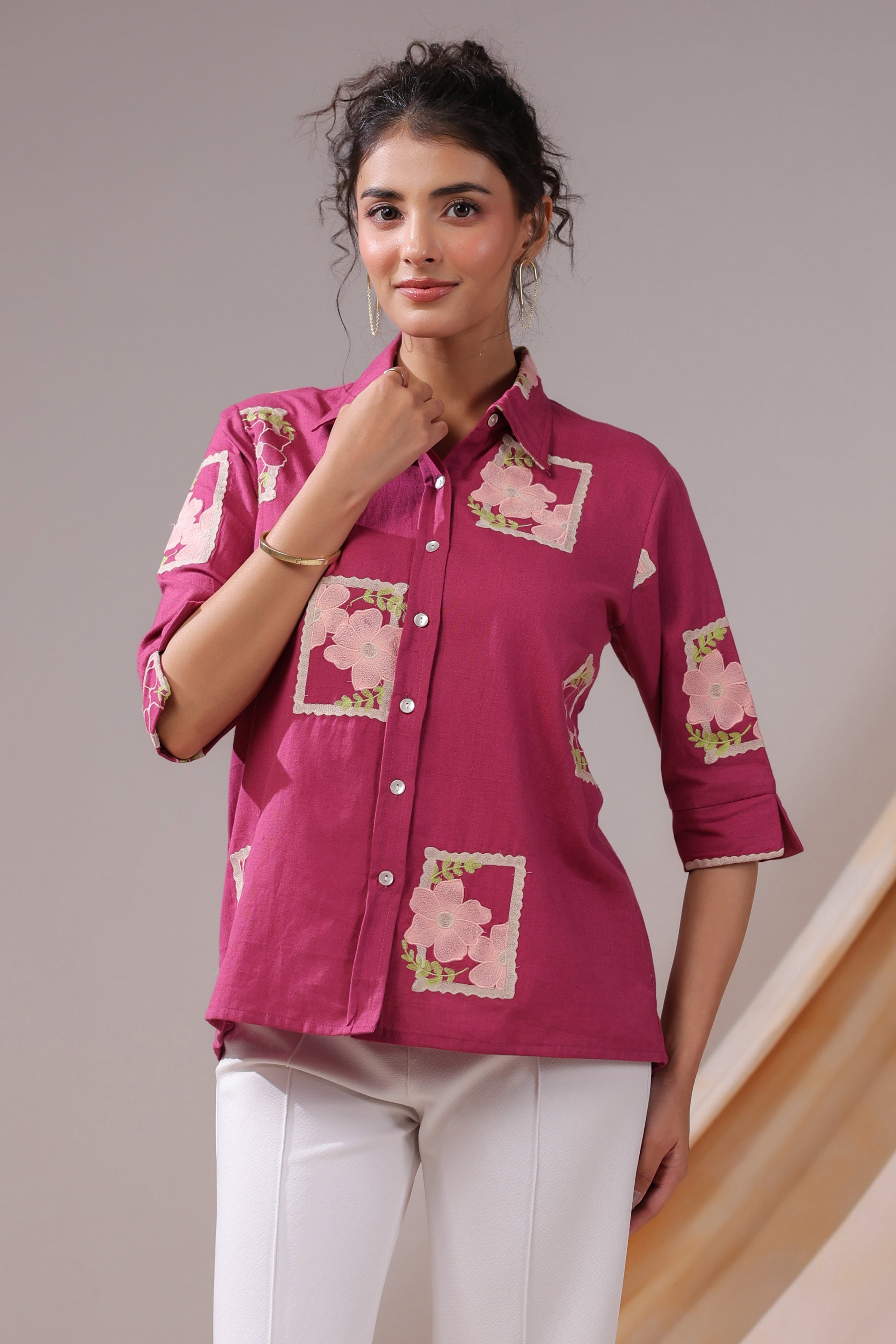Fuchsia Patchwork Floral Cotton Flex Shirt
