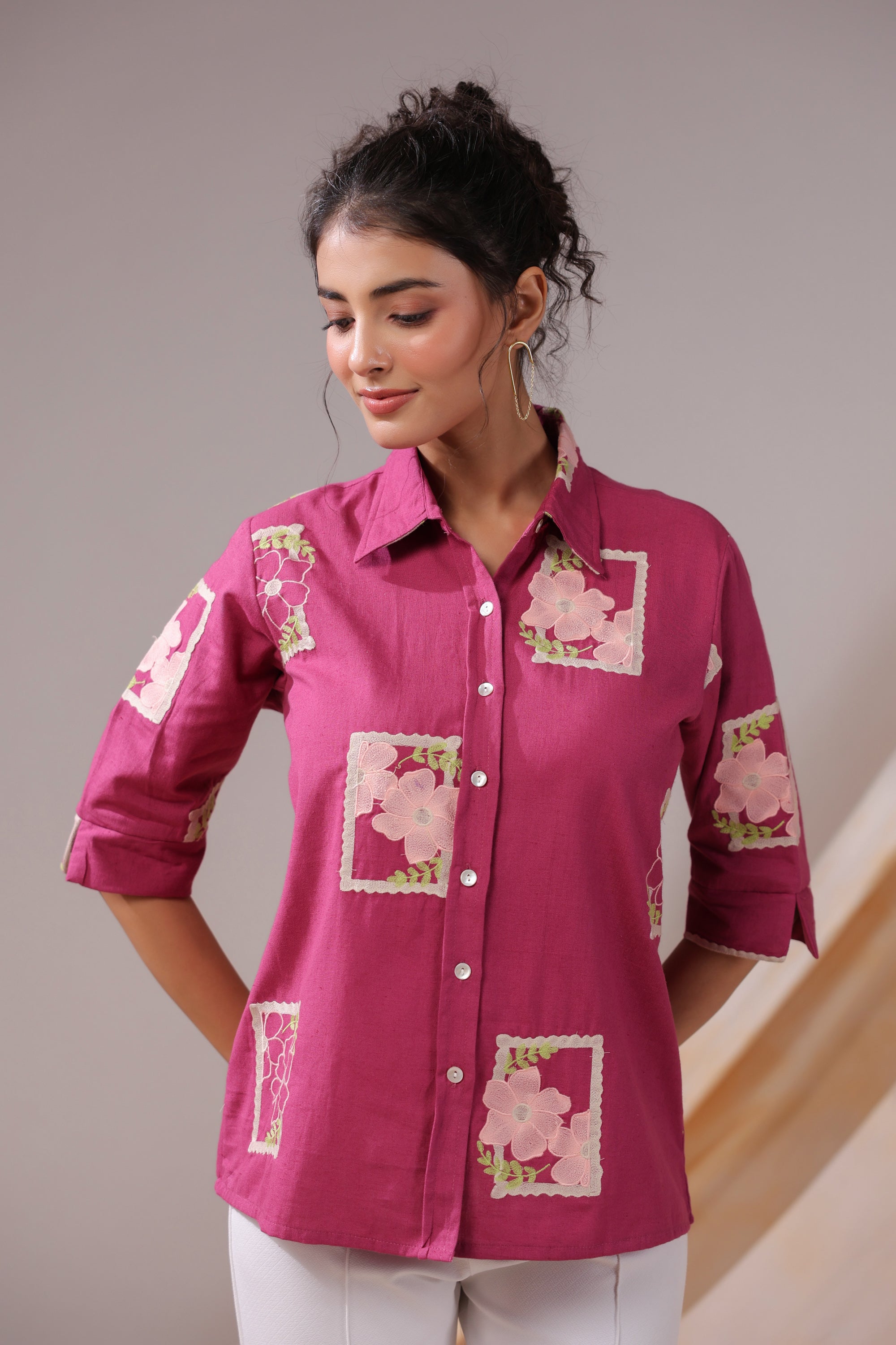 Fuchsia Patchwork Floral Cotton Flex Shirt