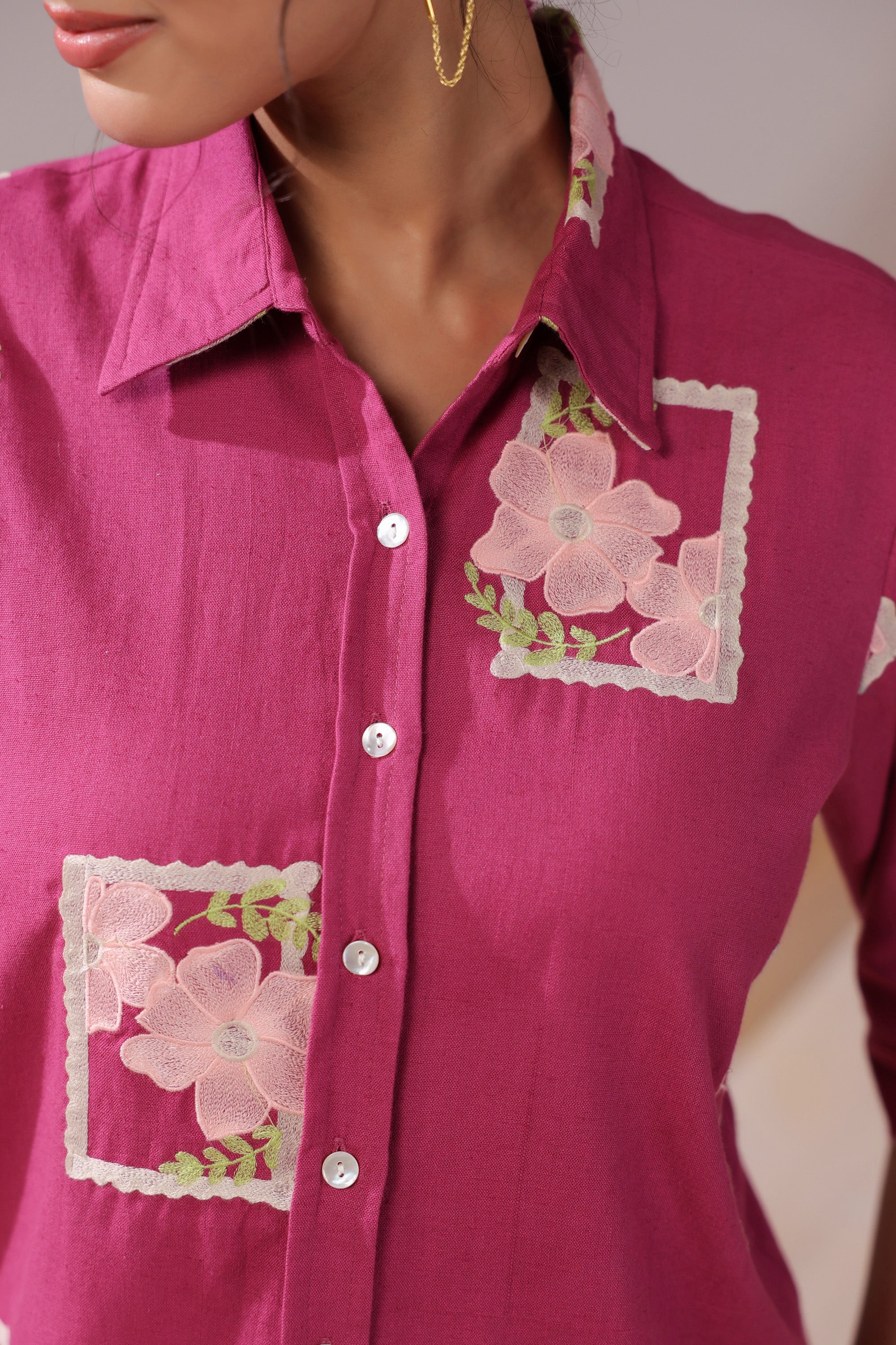 Fuchsia Patchwork Floral Cotton Flex Shirt