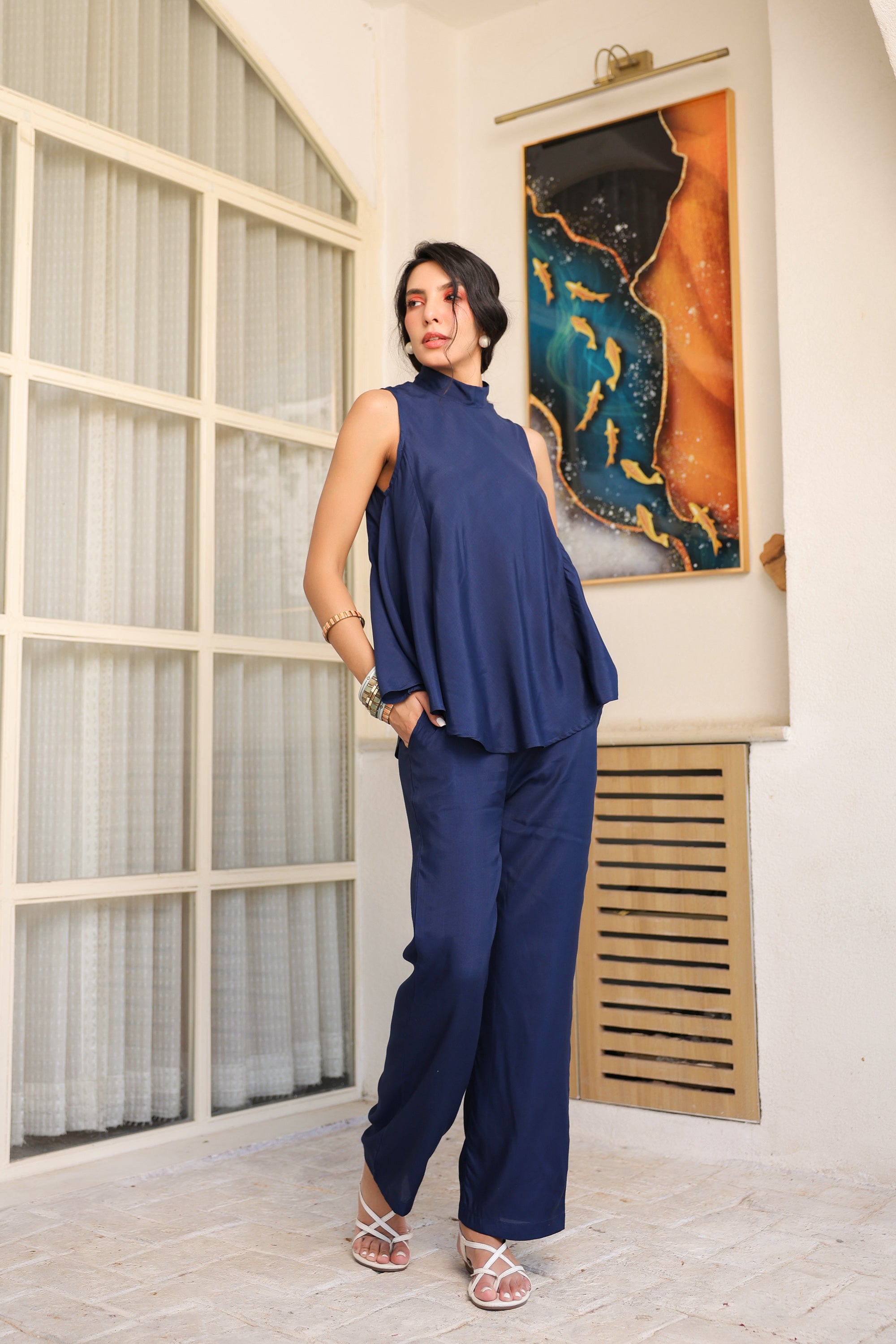 Oxford Blue Sleeveless Russian Silk Co-ord Set