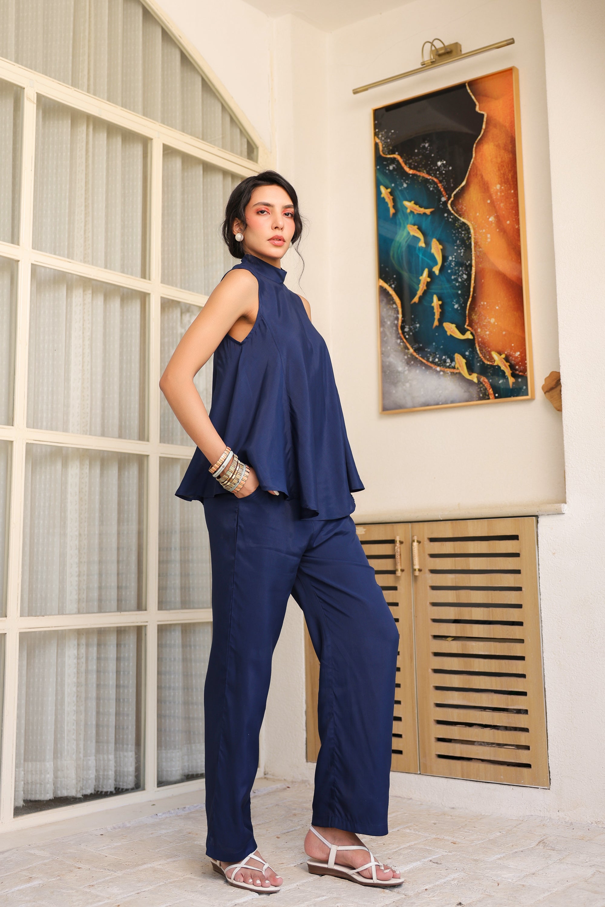 Oxford Blue Sleeveless Russian Silk Co-ord Set