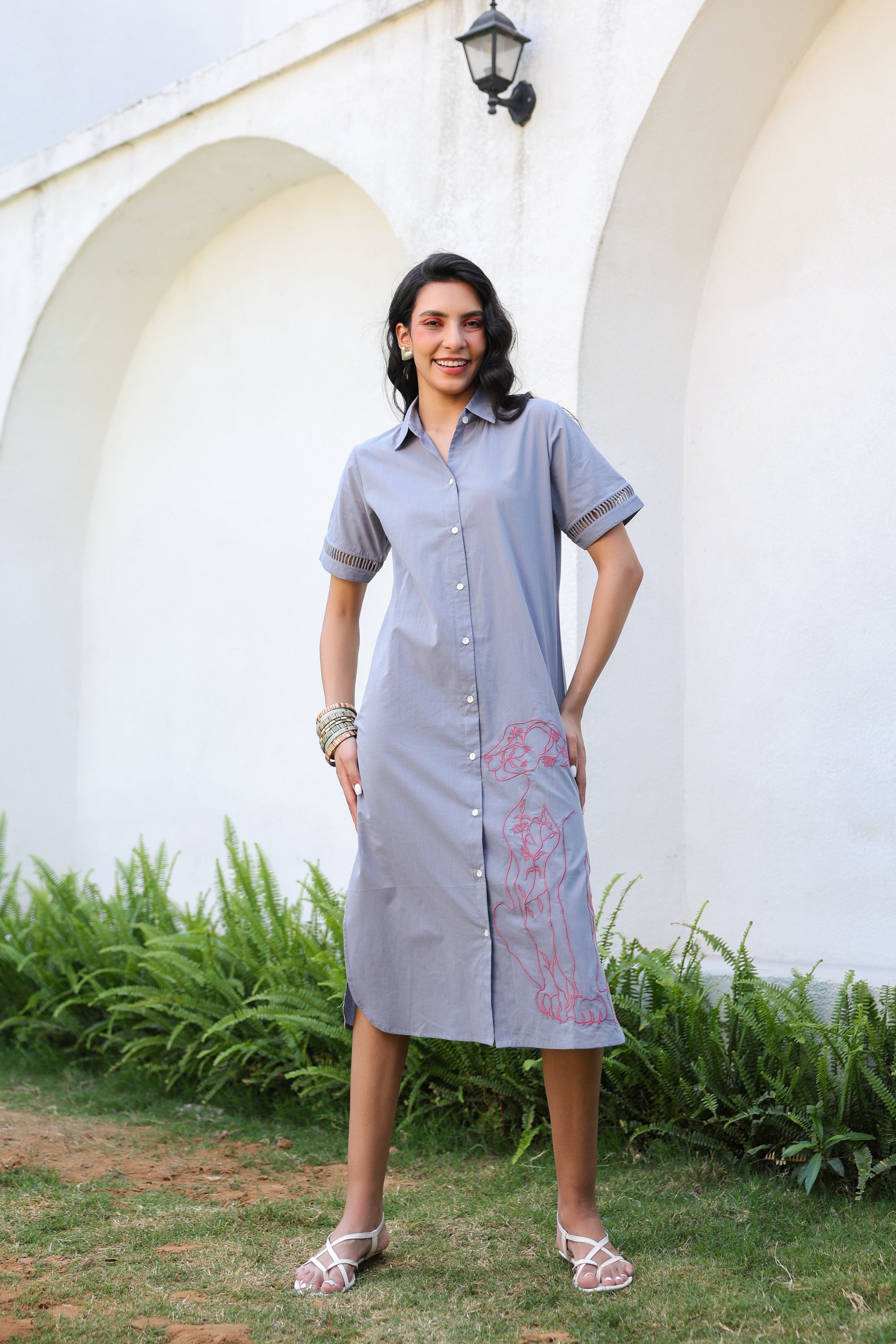 white christmas dresses RYNO DRESS-Grey long-sleeved cotton dress with shoulder pads – paloma wool