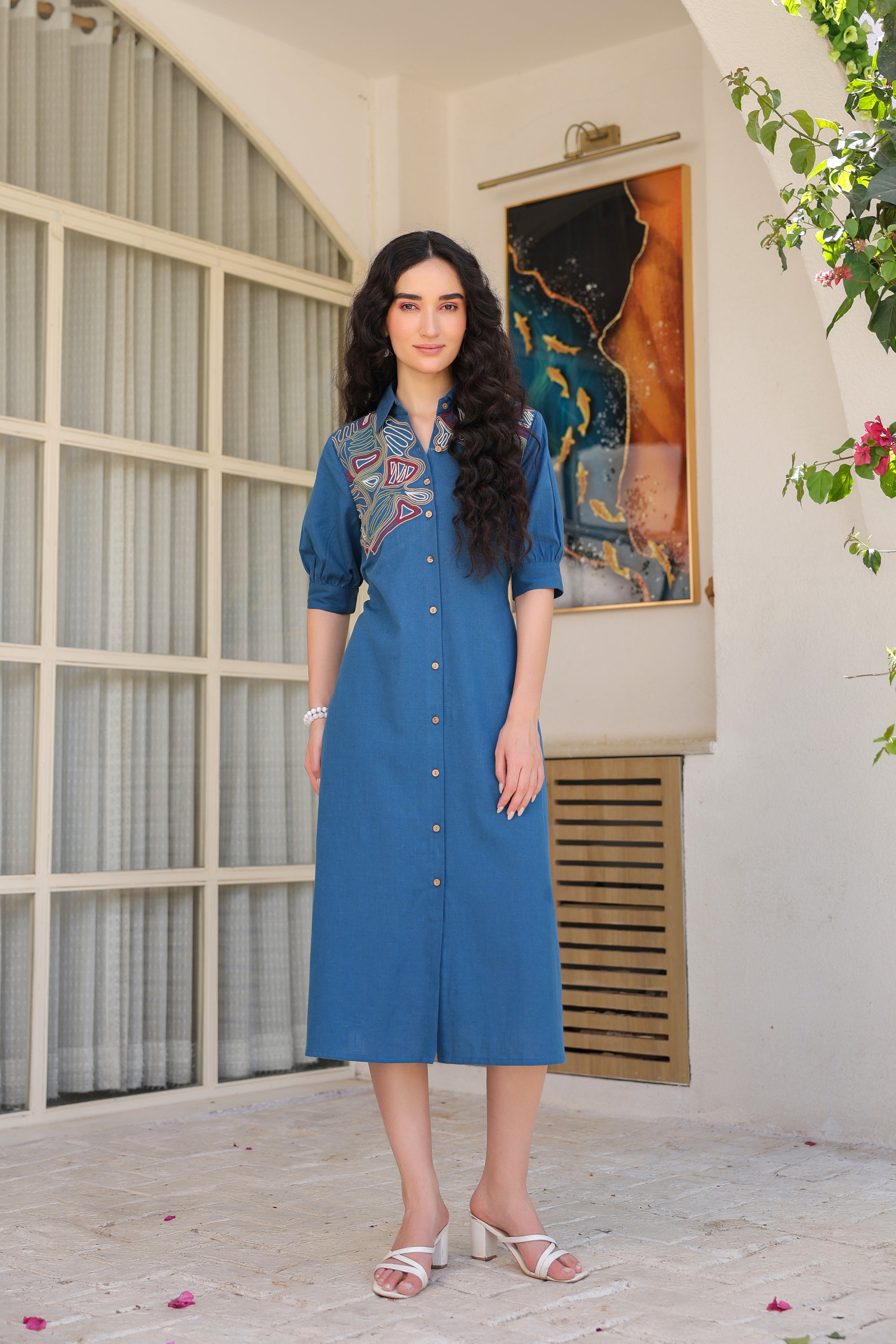 Blue Sand Shirt Dress with Embroidery