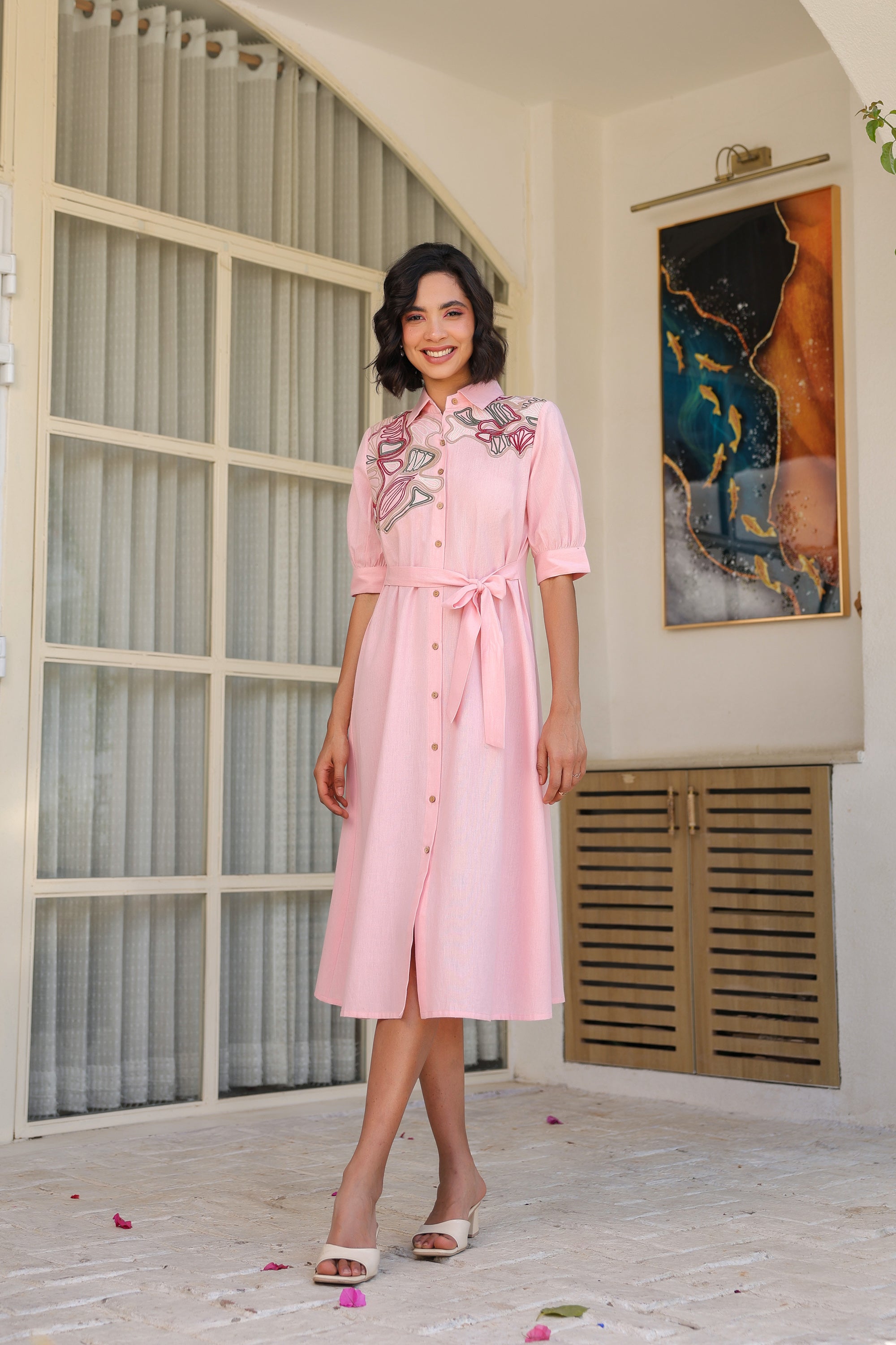 Pink Sand Shirt Dress with Embroidery