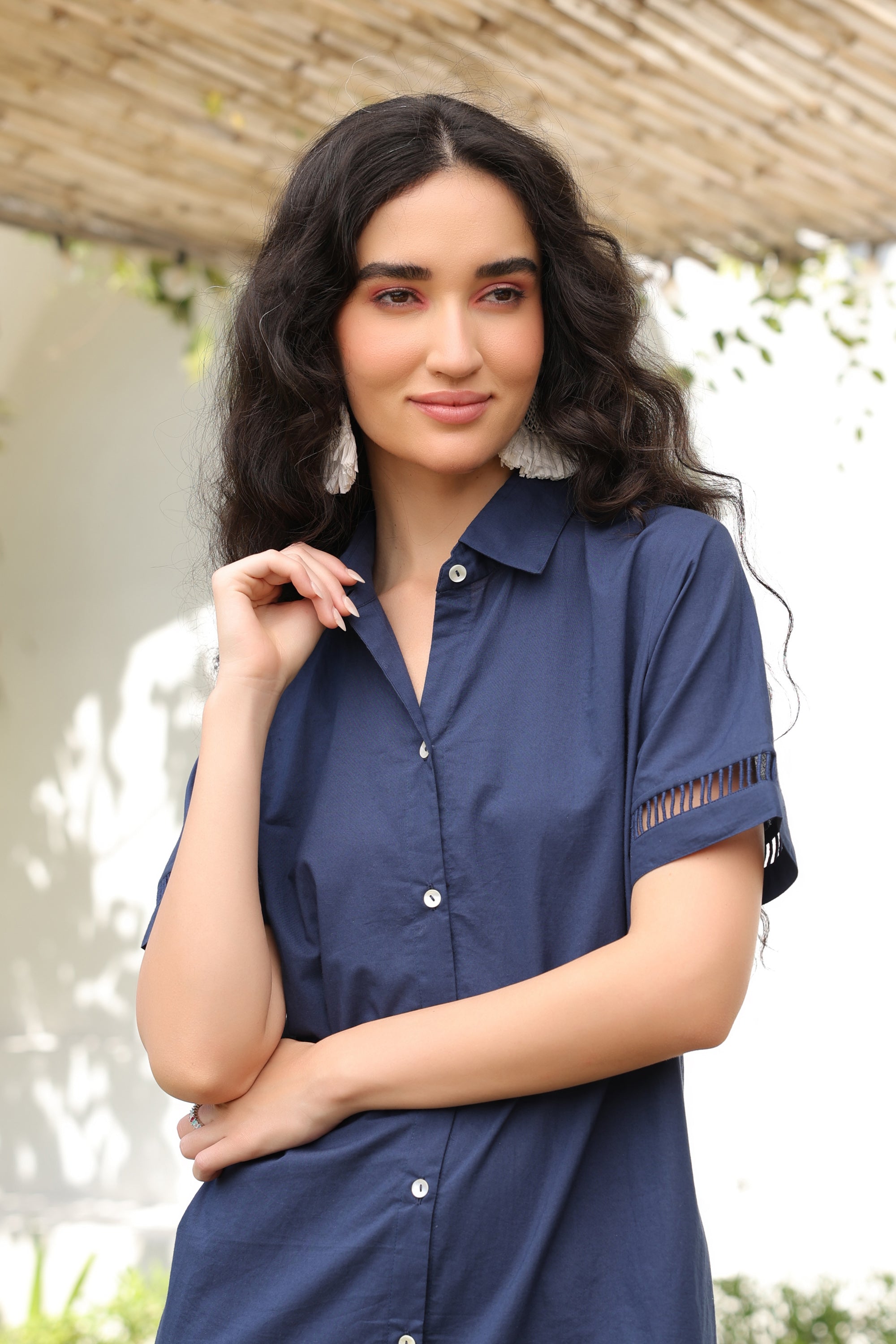 Navy Blue Safari Shirt Cotton Dress