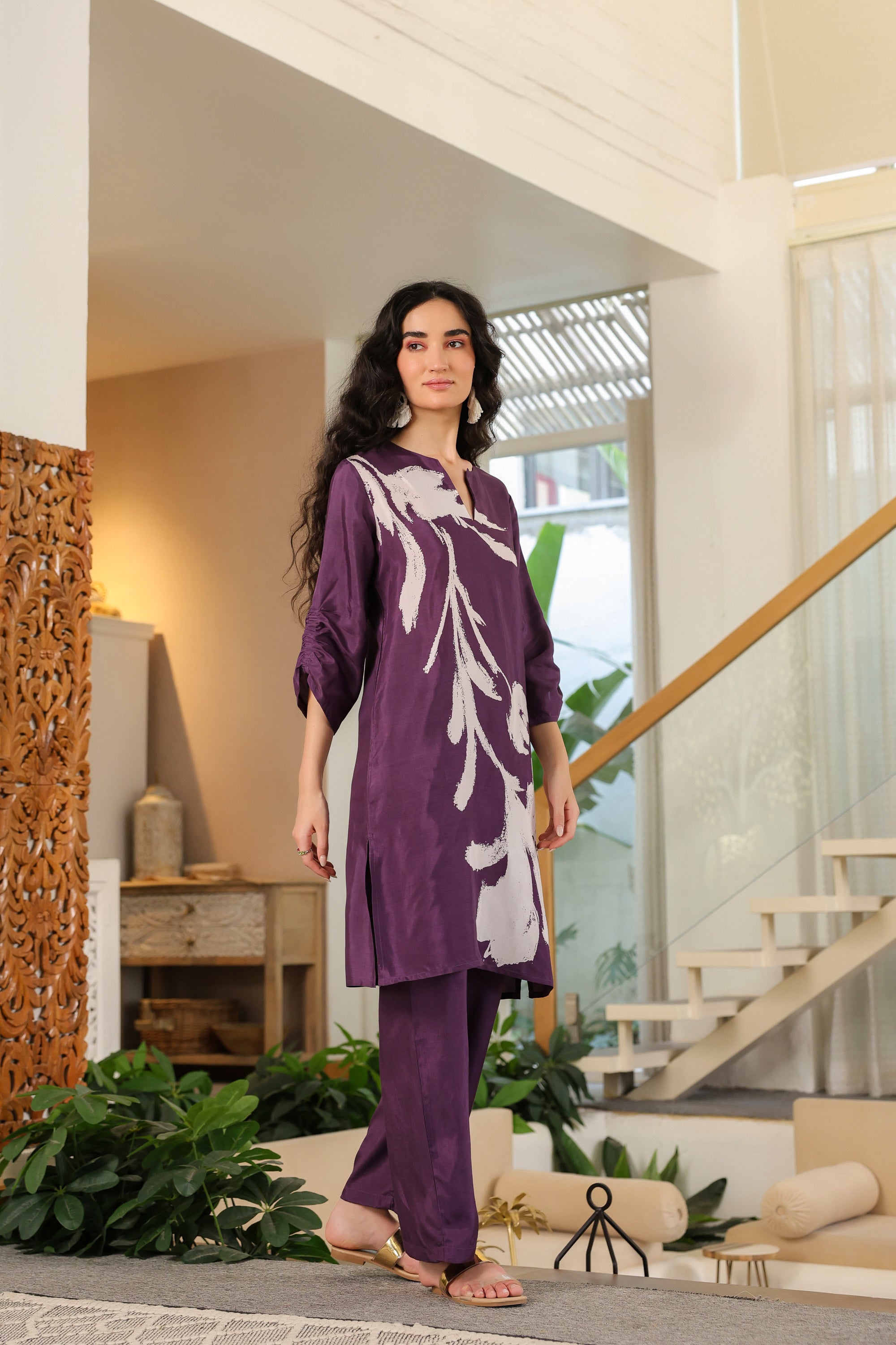 Purple Floral Russian Silk Co-ord Set