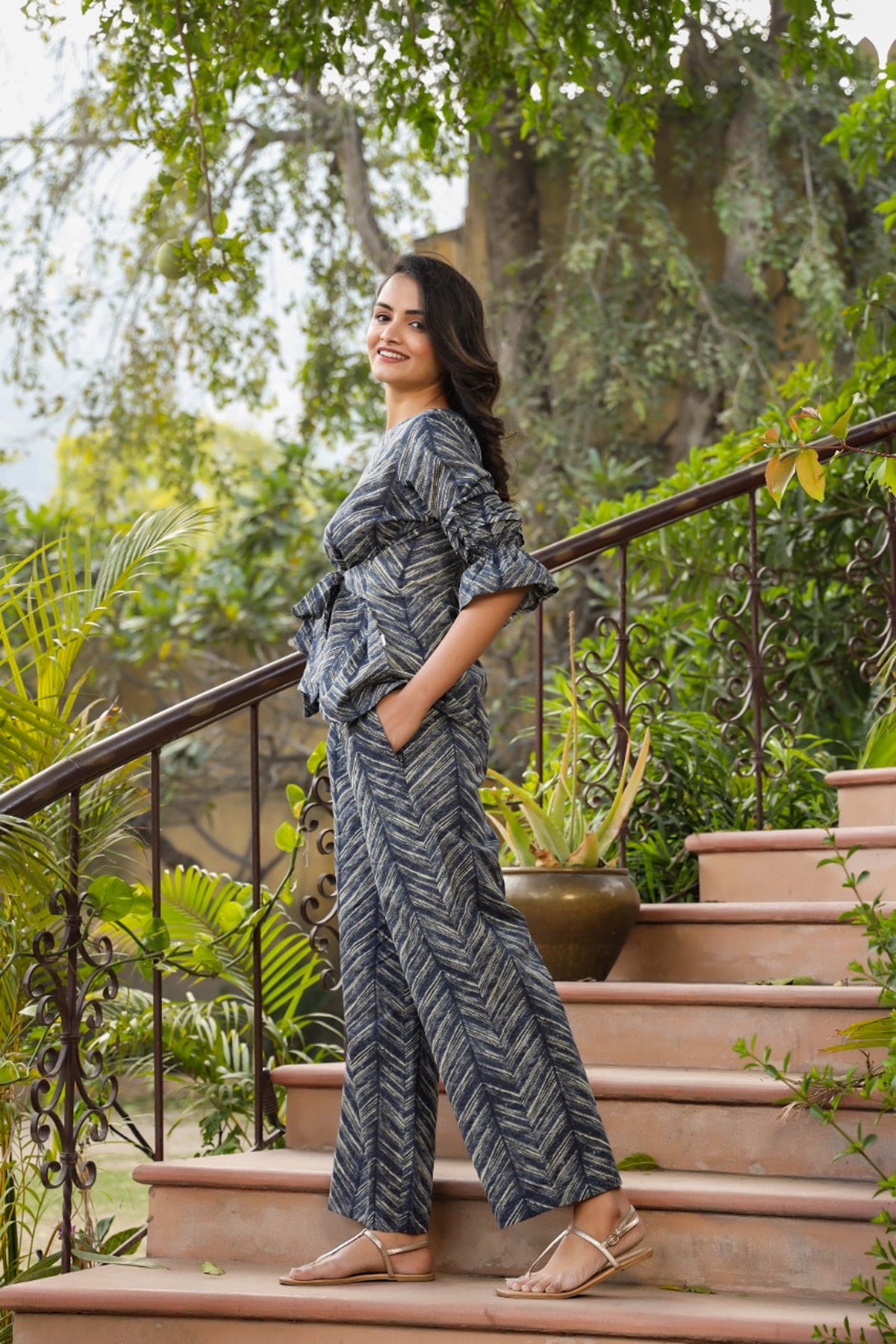Patterned Shibori front knot on Blue Cotton Co-ord Set