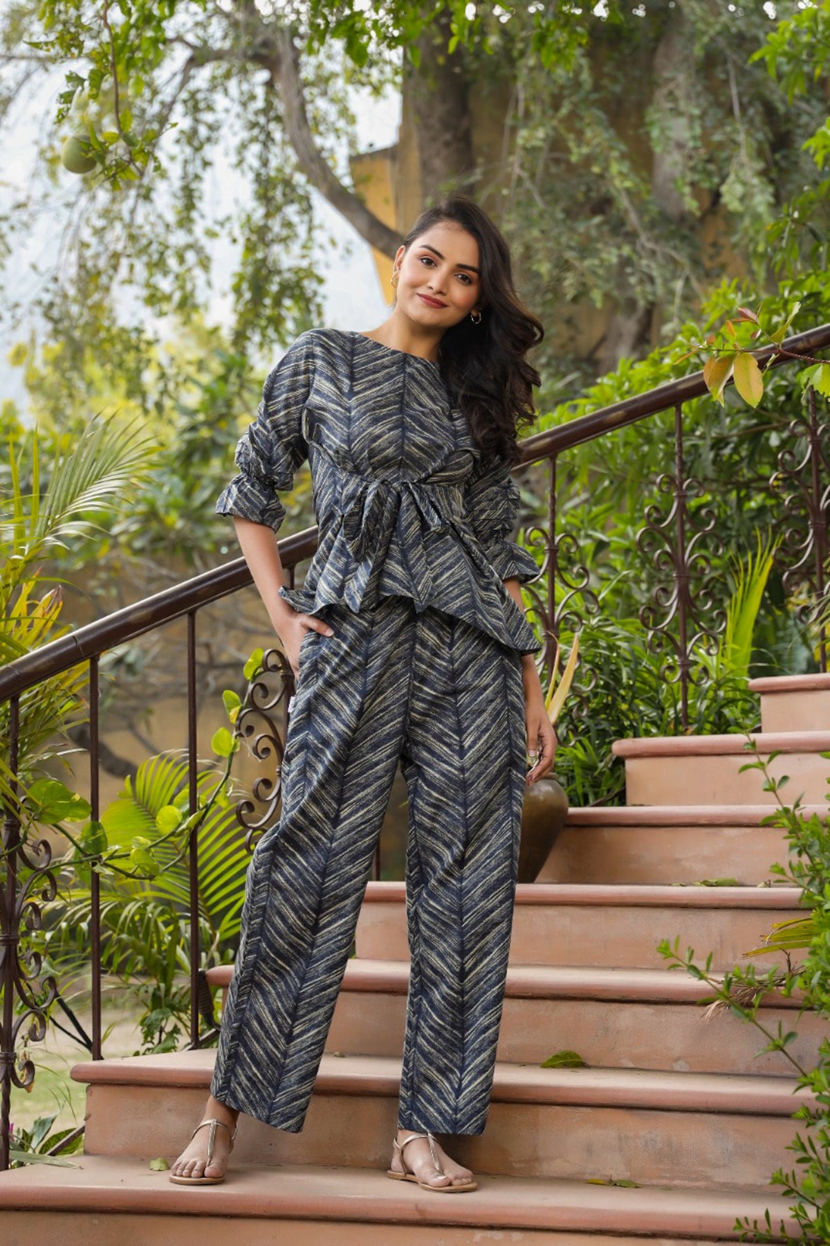 Patterned Shibori front knot on Blue Cotton Co-ord Set