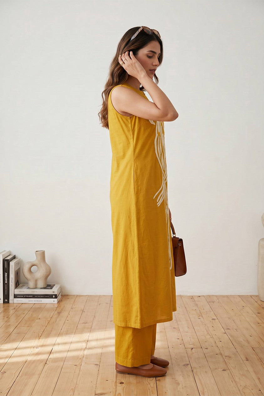 Mustard Bird Embroidered Sleeveless Cotton Co-ord Set