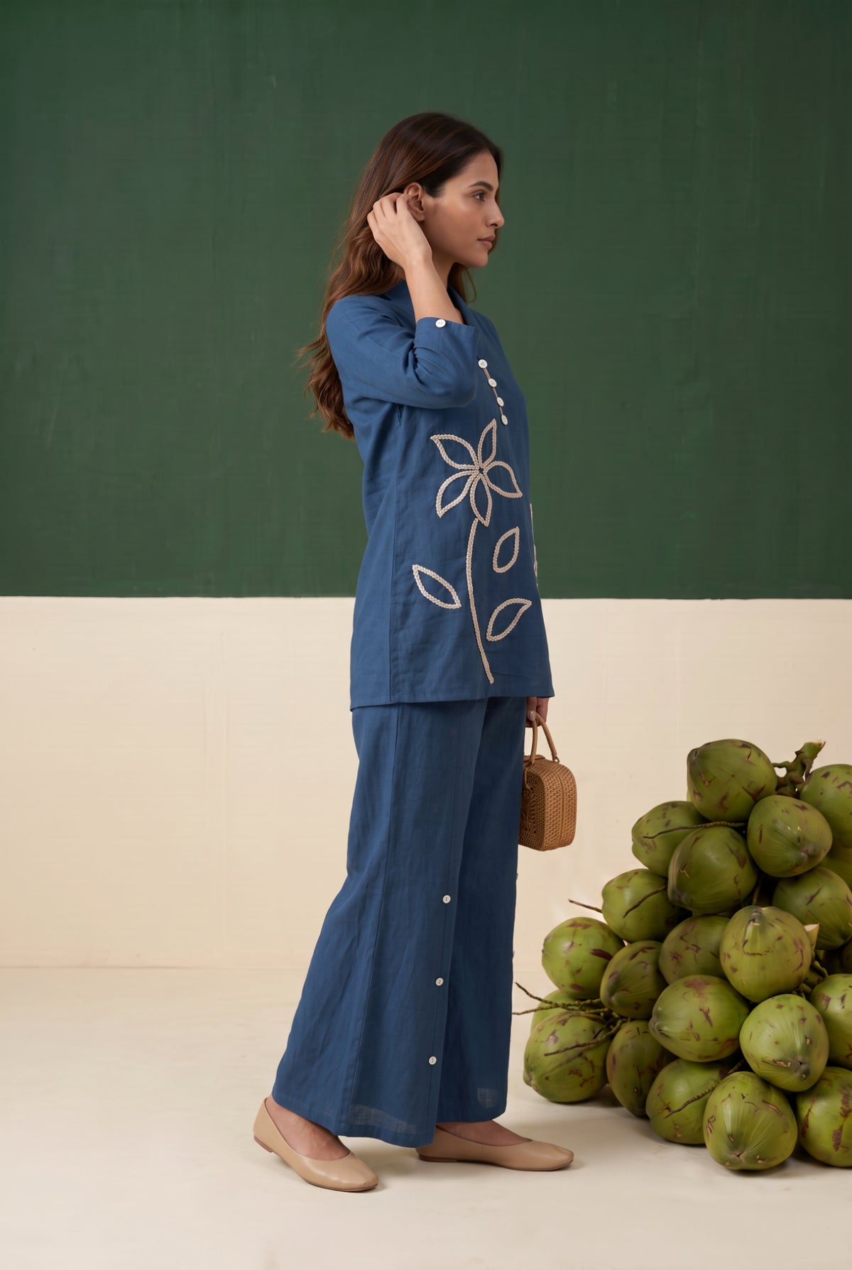 Blue Artistic Flower Outline Embroidered Cotton Flex Co-ord Set