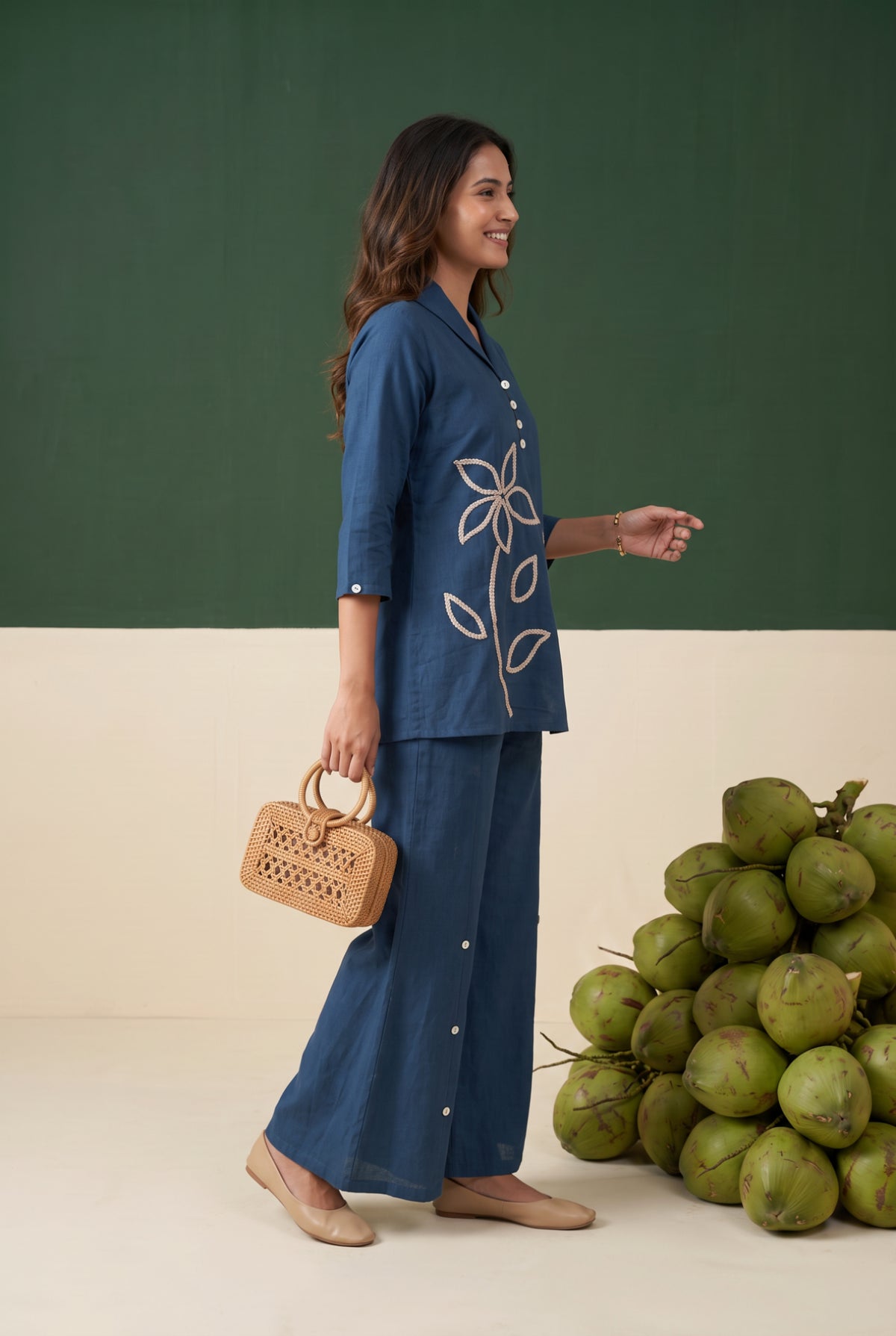 Blue Artistic Flower Outline Embroidered Cotton Flex Co-ord Set
