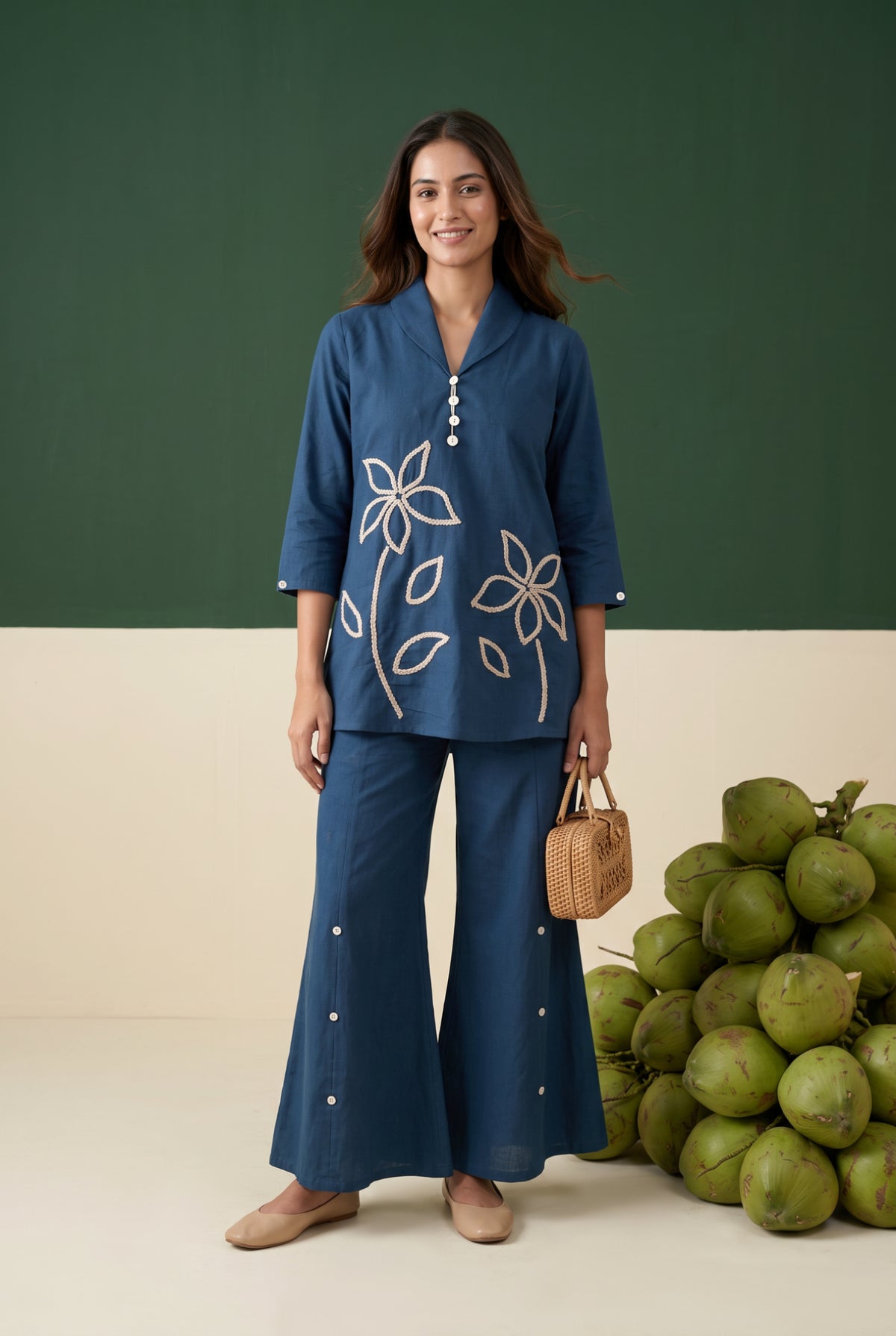 Blue Artistic Flower Outline Embroidered Cotton Flex Co-ord Set