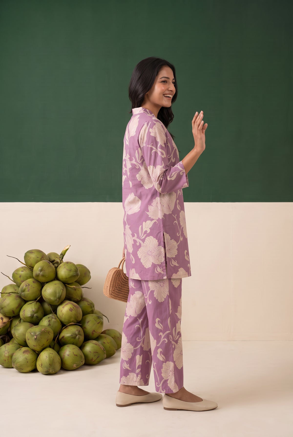 Purple Floral Printed Cotton Button-Down Co-ord Set