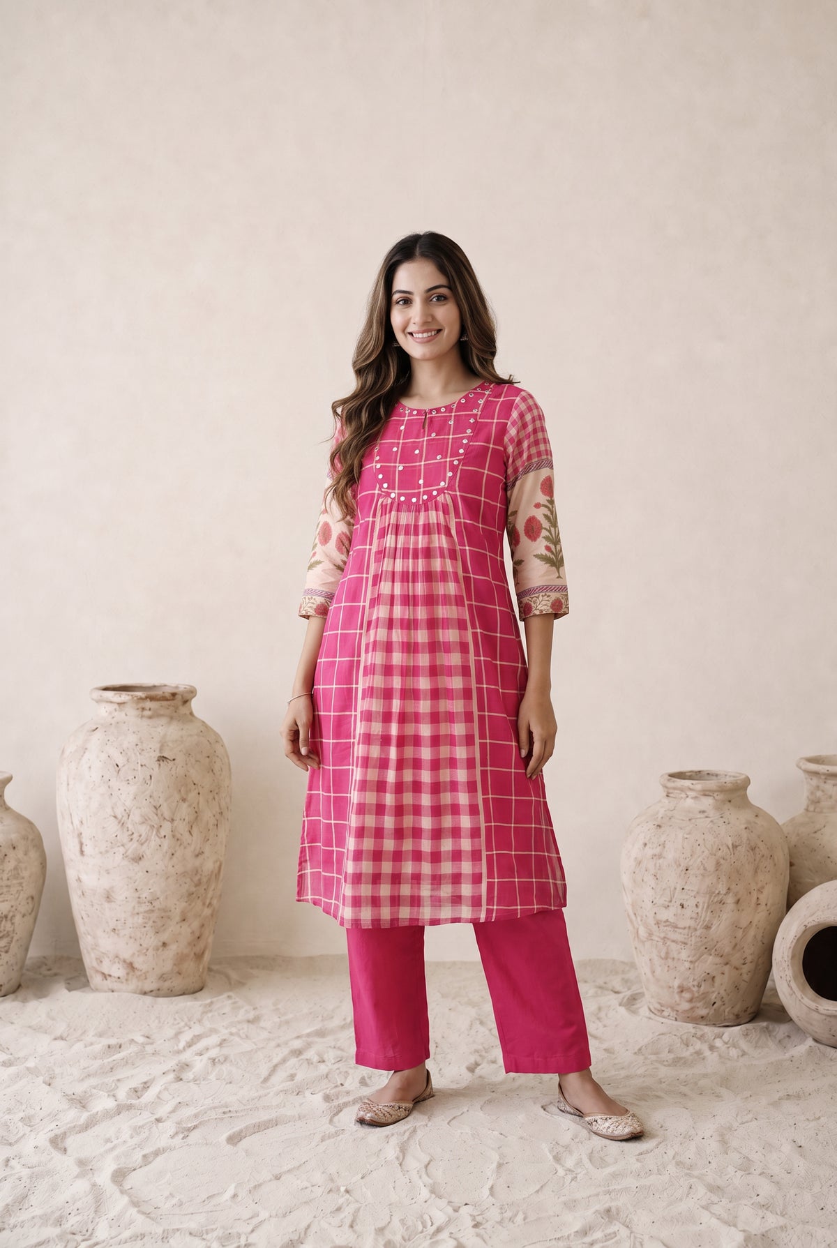 Fuchsia Pink Mul Cotton Printed Sleeve Co-ord Set