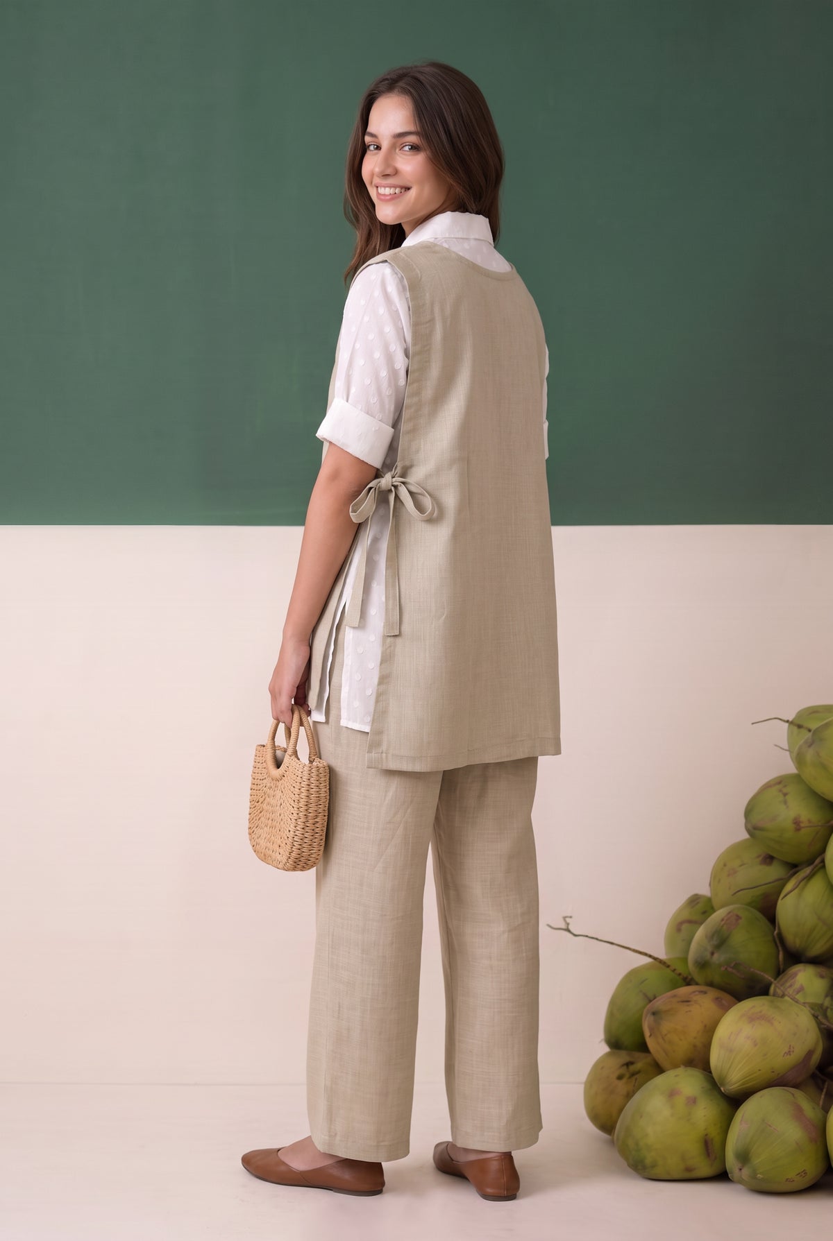 Beige Floral Embroidered Cotton Three-Piece Set