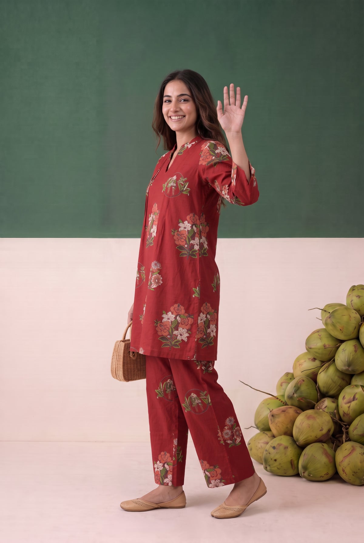 Red Floral Printed Cotton Co-ord Set