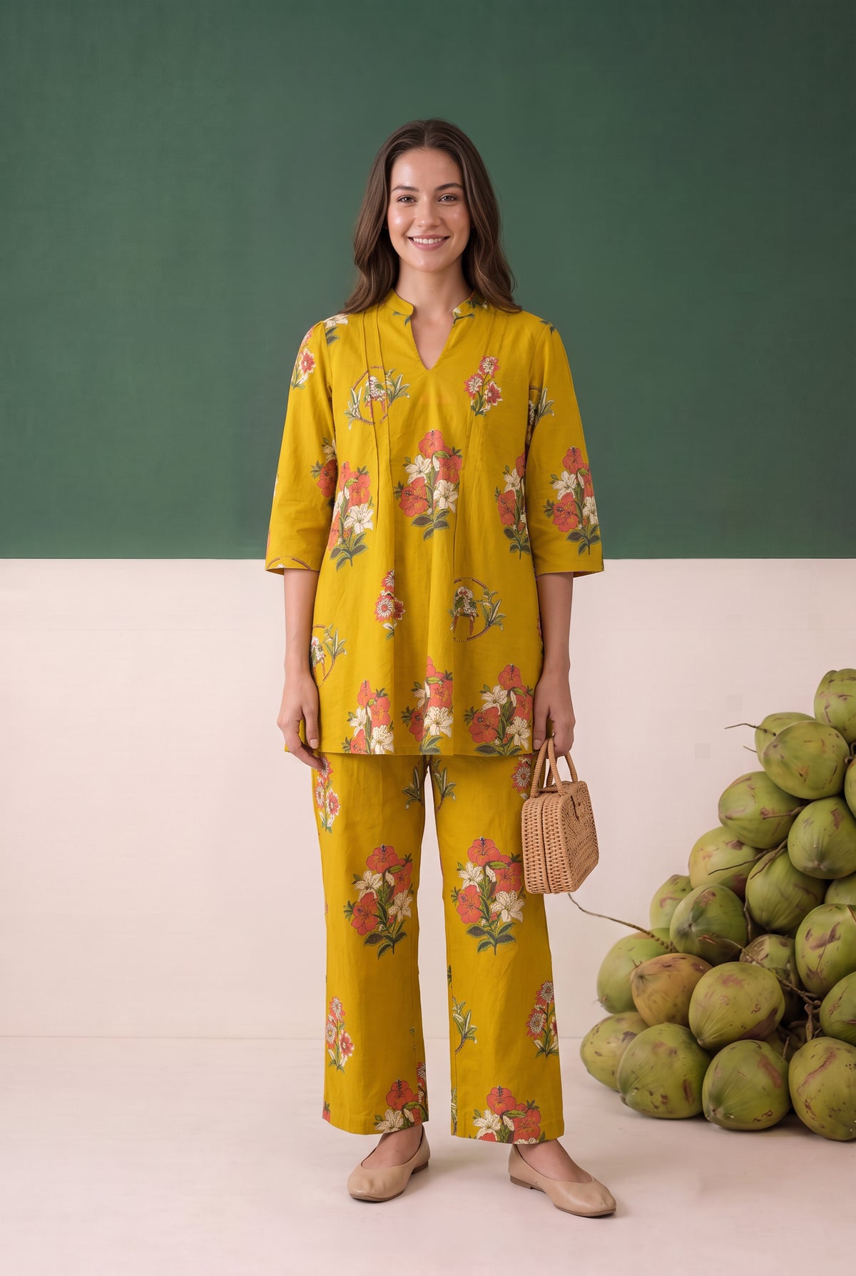 Mustard Yellow Floral Printed Cotton Co-ord Set