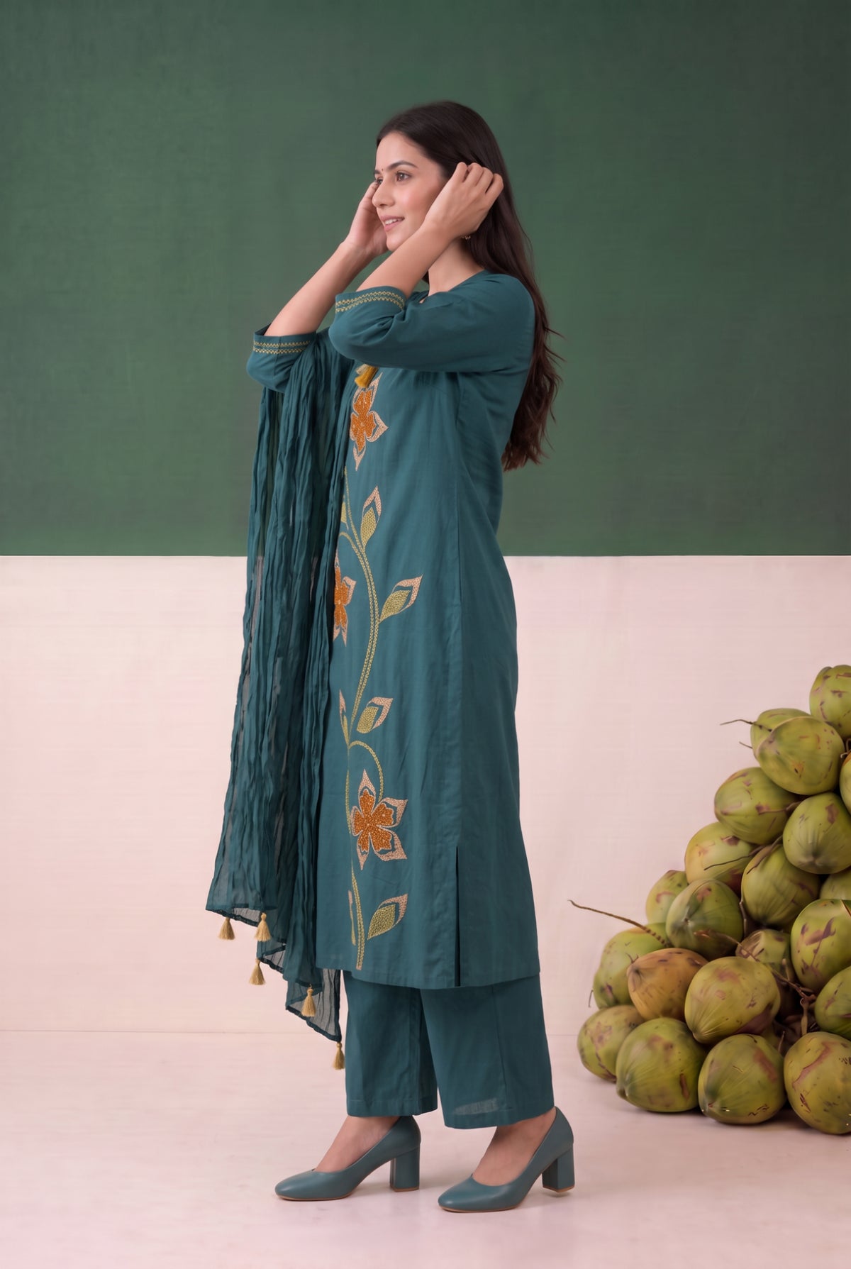 Teal Floral Embroidered Cotton A Line Kurta Set